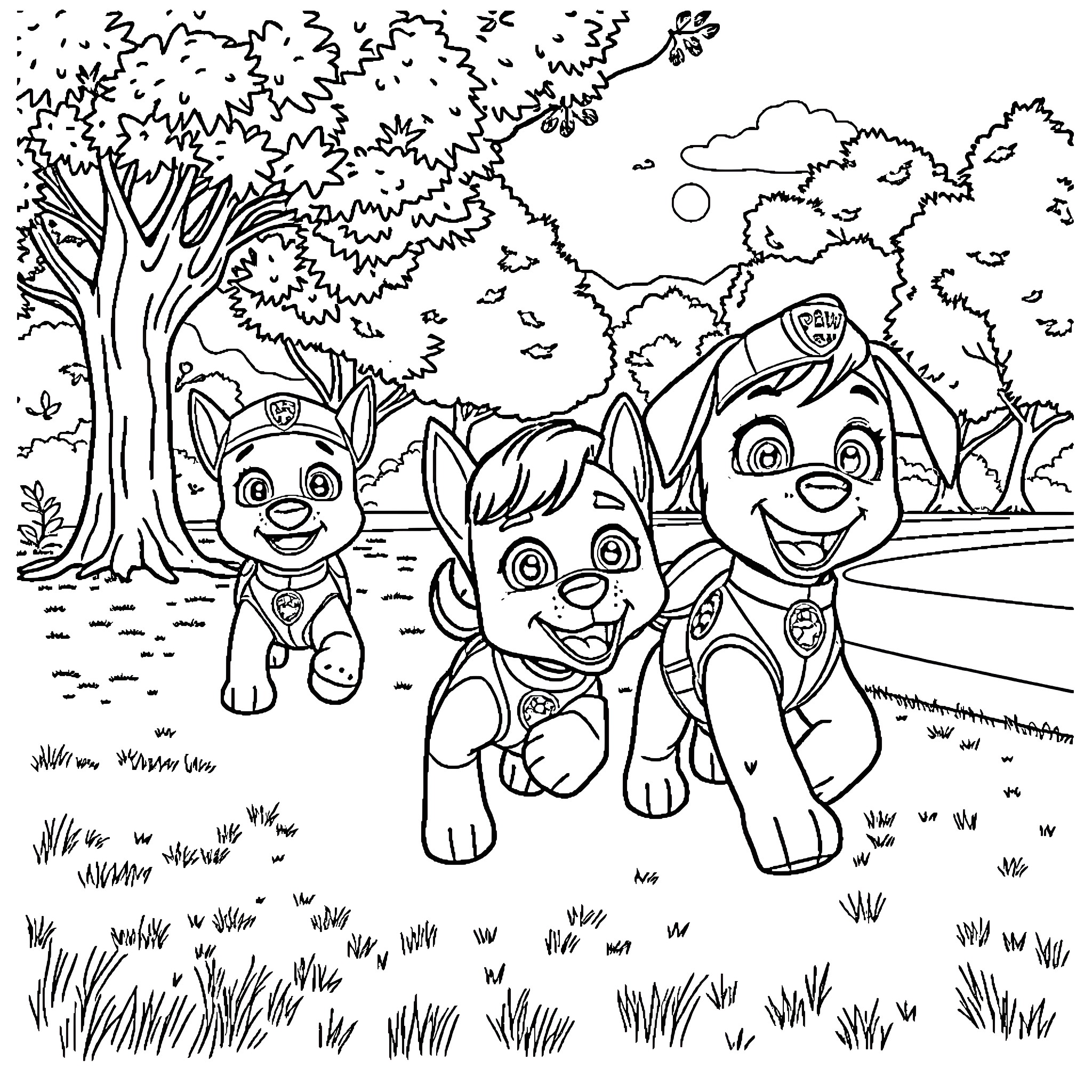 Paw Patrol Pups Explore the Outdoor Park Coloring Page (free black-and-white line drawing printable PDF for all, from beginners to advanced learners, including children, teens, adults, and seniors)