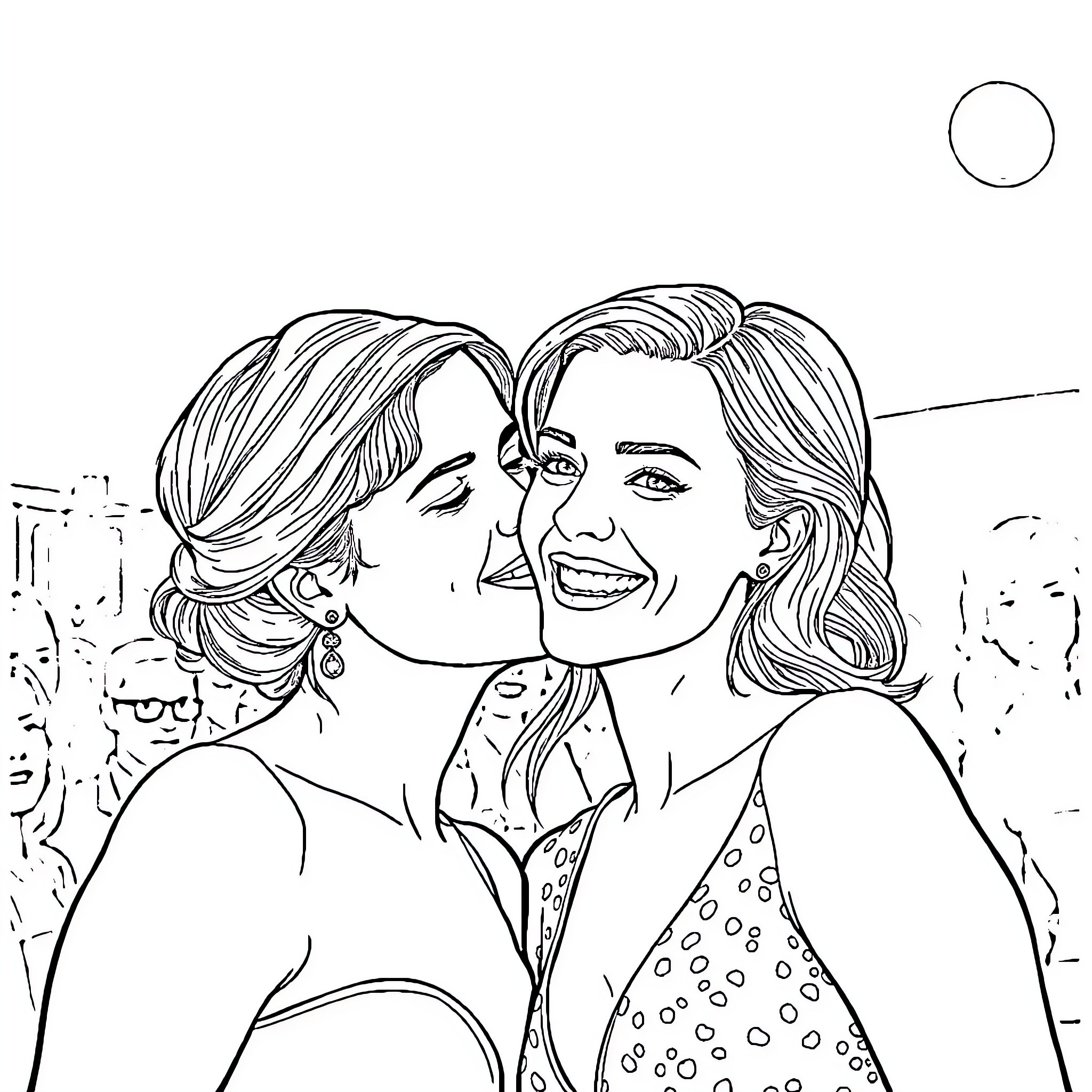 Emma Watson and companion sharing a happy moment Coloring Page (free black-and-white line drawing printable PDF for all, from beginners to advanced learners, including children, teens, adults, and seniors)