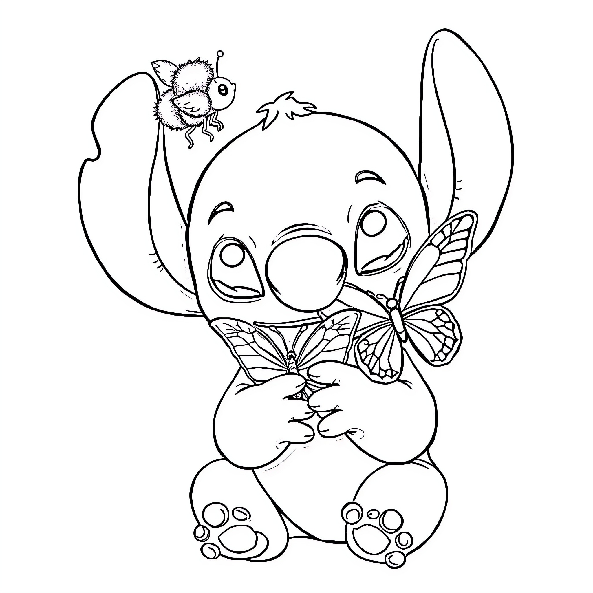 Stitch enjoying a playful moment with butterflies Coloring Page (free black-and-white line drawing printable PDF for all, from beginners to advanced learners, including children, teens, adults, and seniors)