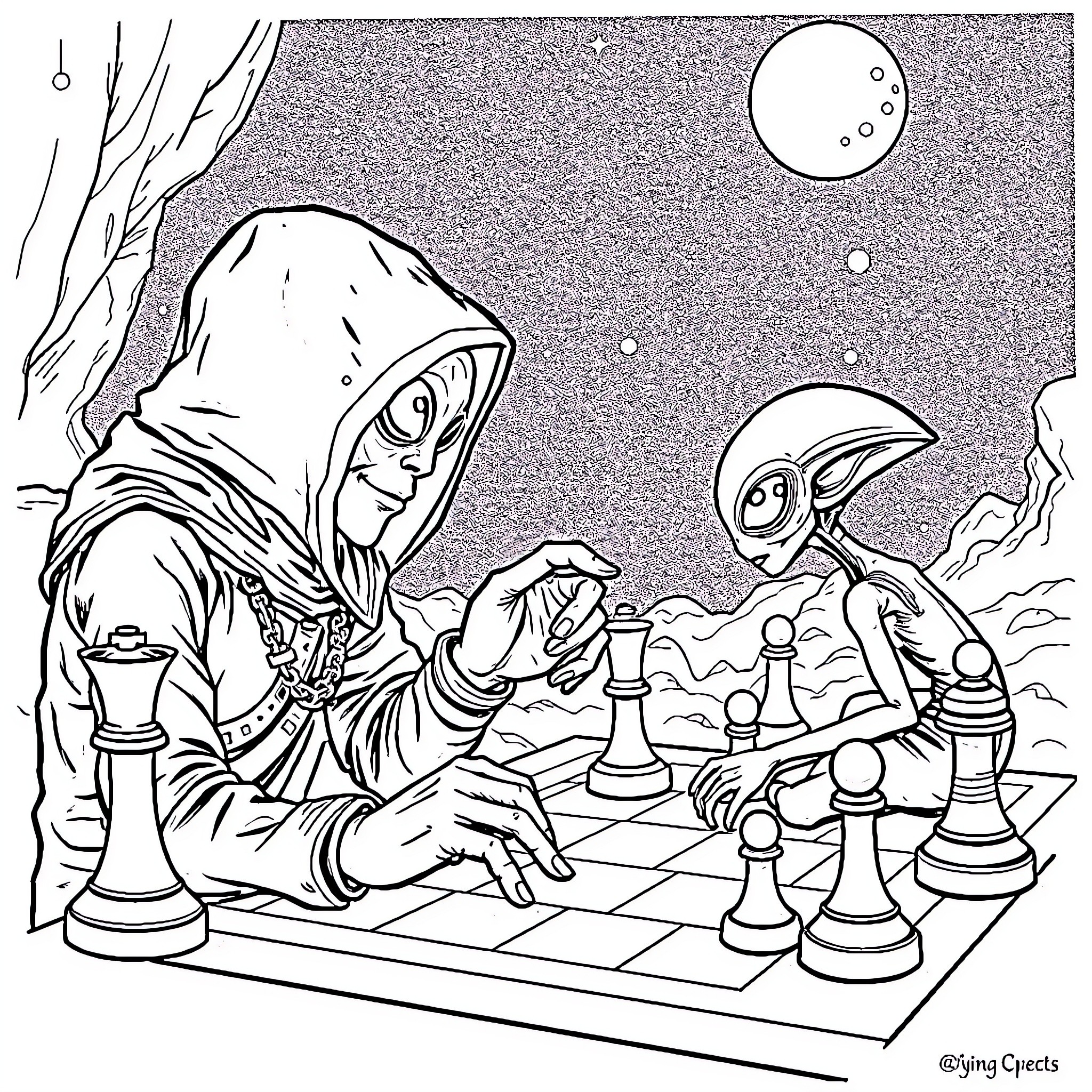 Headhunters engaged in a game of chess Coloring Page (free black-and-white line drawing printable PDF for all, from beginners to advanced learners, including children, teens, adults, and seniors)