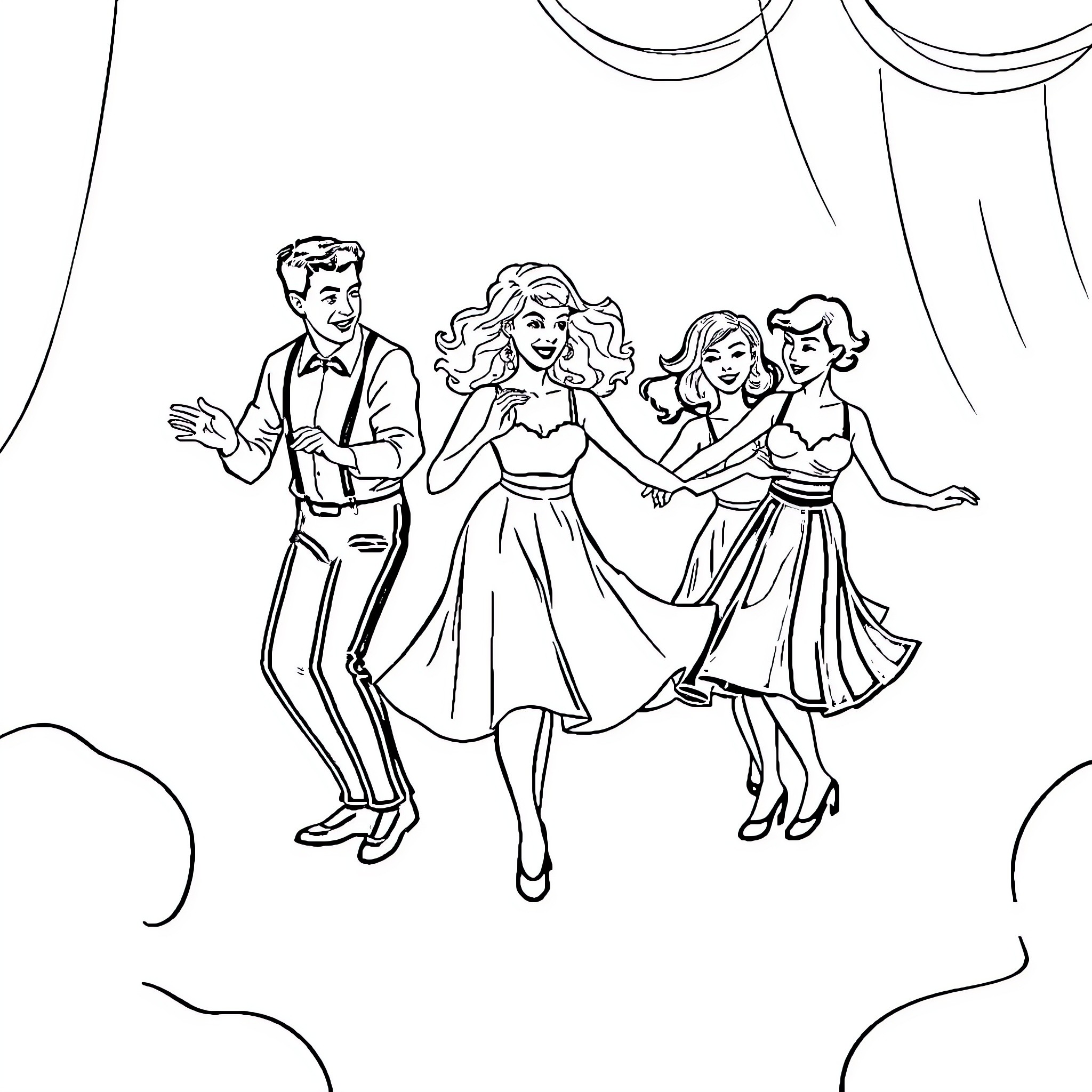 Tap Dancer performing on stage with friends Coloring Page (free black-and-white line drawing printable PDF for all, from beginners to advanced learners, including children, teens, adults, and seniors)