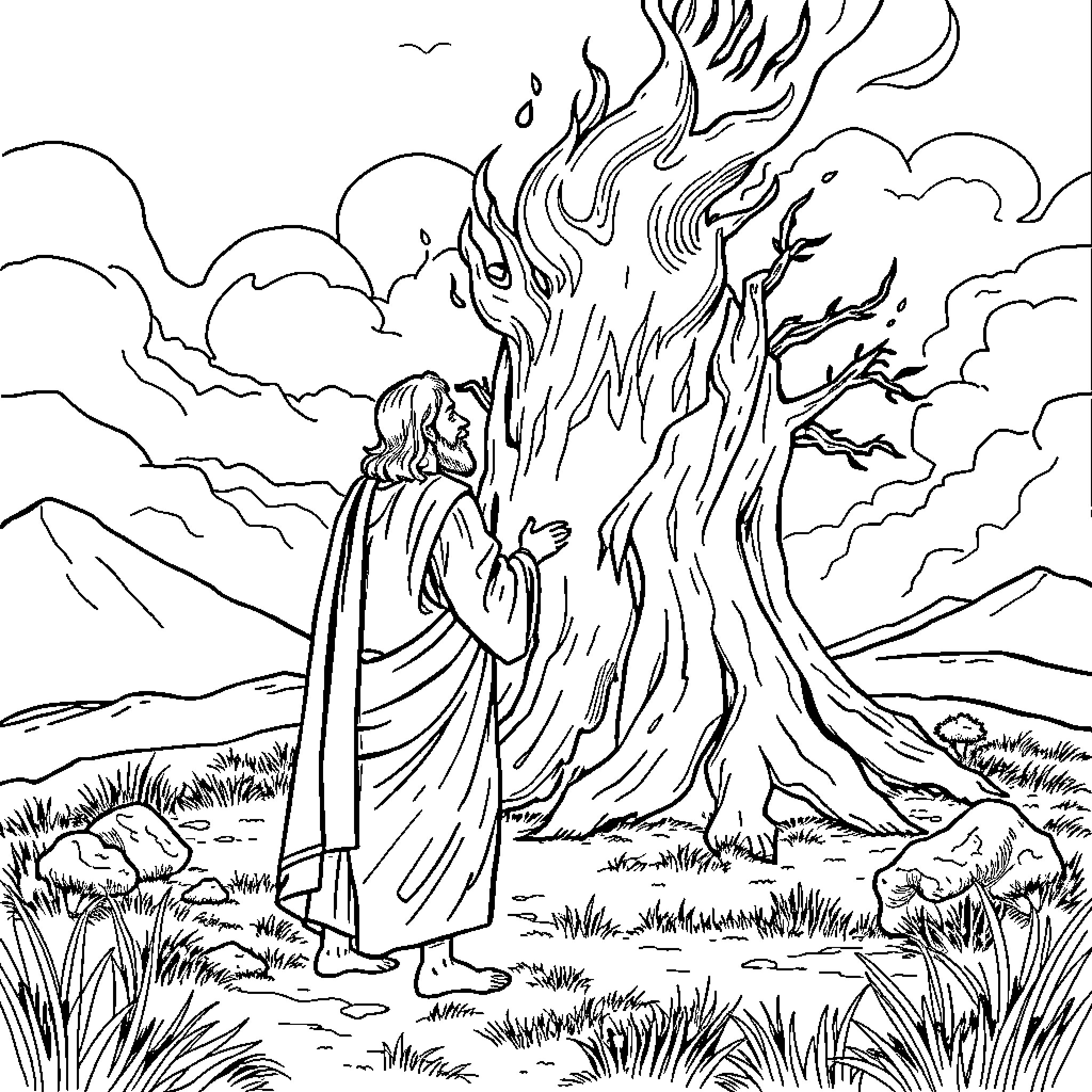 Moses Stands Before the Burning Bush Coloring Page (free black-and-white line drawing printable PDF for all, from beginners to advanced learners, including children, teens, adults, and seniors)