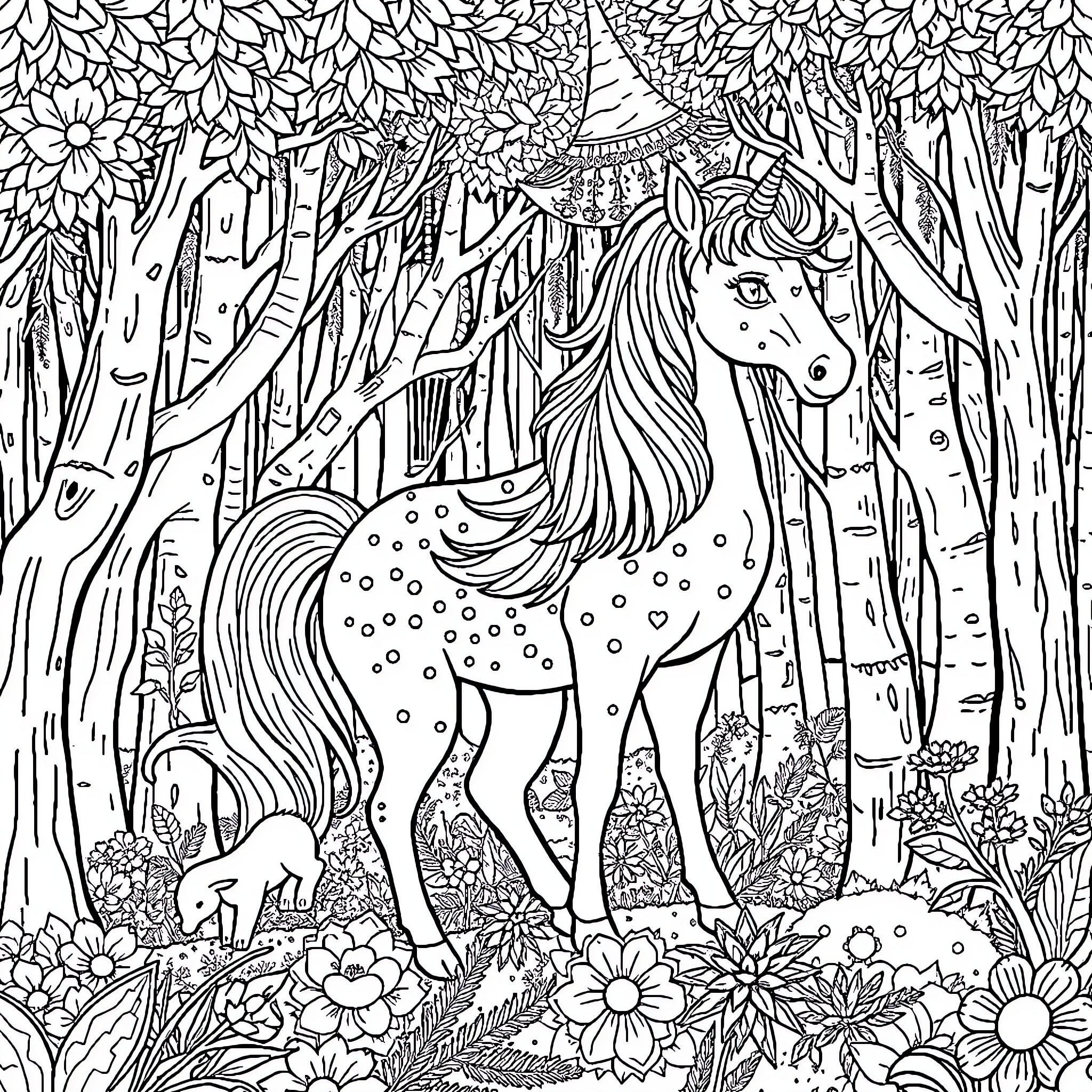 Unicorn standing amidst a magical forest Coloring Page (free black-and-white line drawing printable PDF for all, from beginners to advanced learners, including children, teens, adults, and seniors)