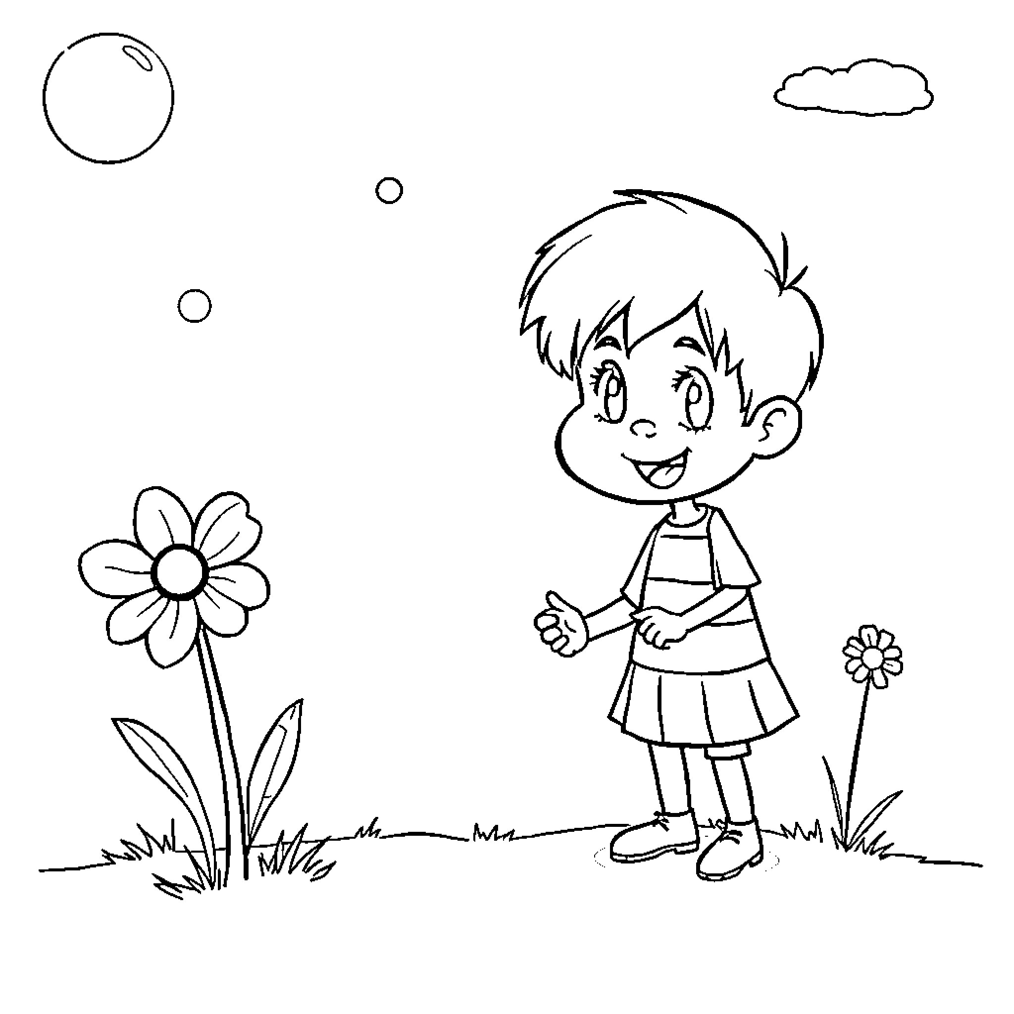 Children playing with flowers in the garden Coloring Page (free black-and-white line drawing printable PDF for all, from beginners to advanced learners, including children, teens, adults, and seniors)