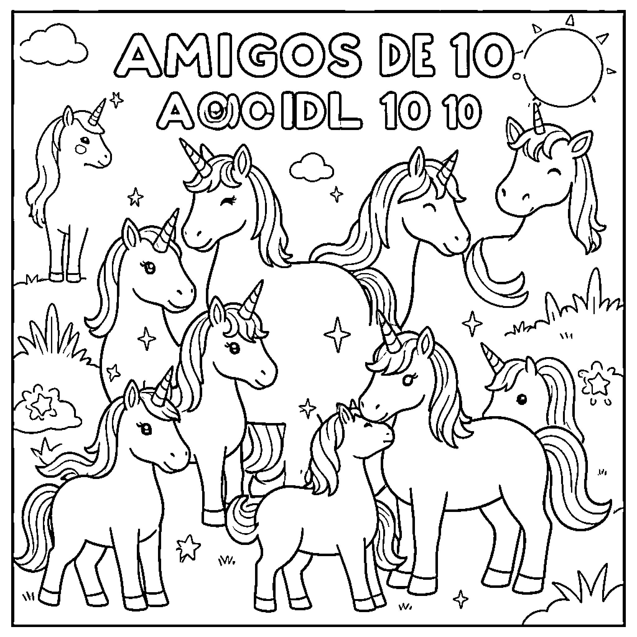 Unicorns gathering together in a whimsical landscape Coloring Page (free black-and-white line drawing printable PDF for all, from beginners to advanced learners, including children, teens, adults, and seniors)