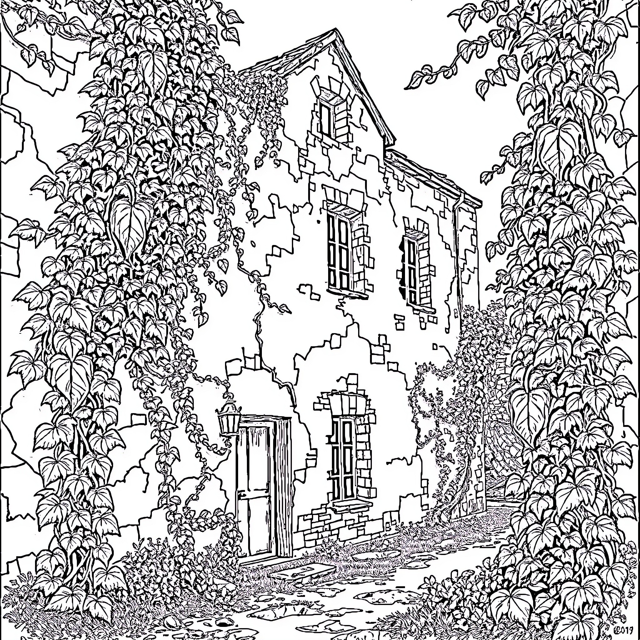 Decay of Abandoned Architectural Structure in Overgrown Nature Coloring Page (free black-and-white line drawing printable PDF for all, from beginners to advanced learners, including children, teens, adults, and seniors)