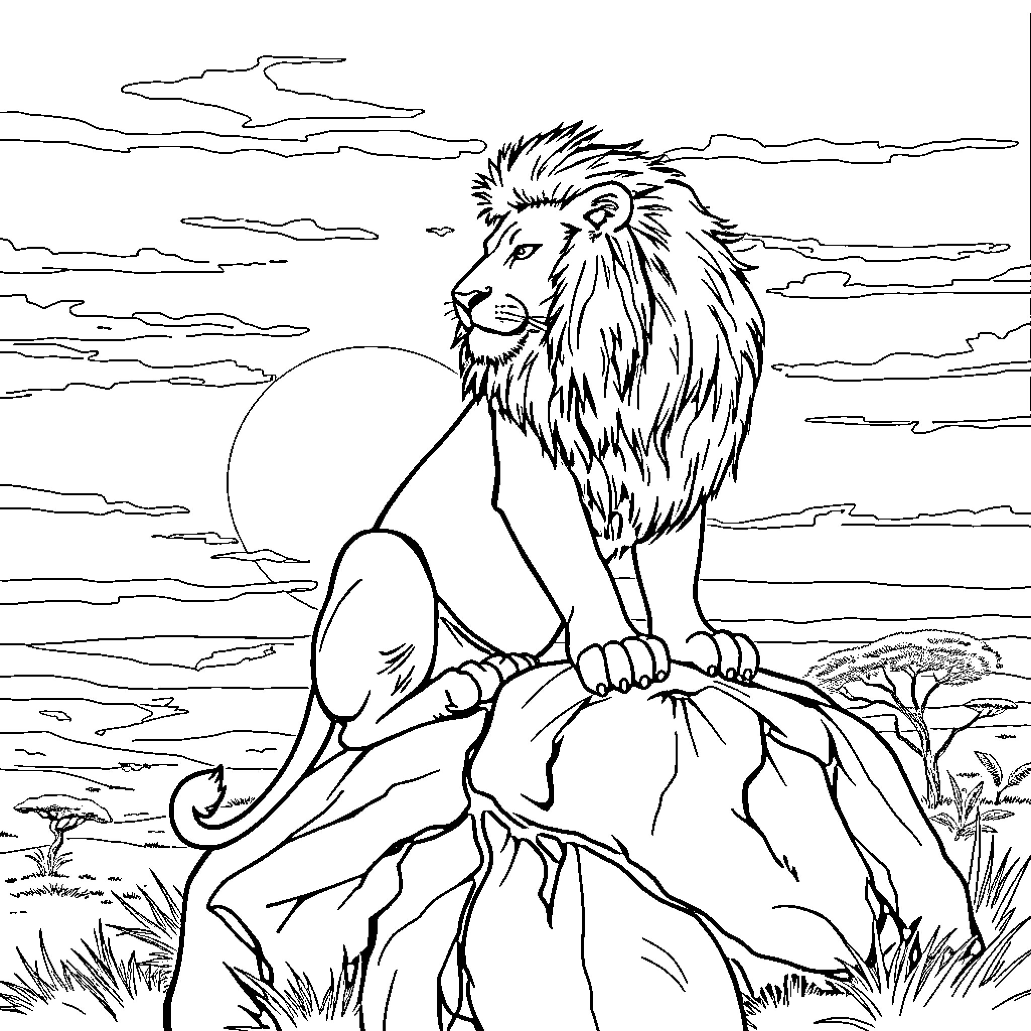 Lion sitting atop a rocky cliff with a sunset view Coloring Page (free black-and-white line drawing printable PDF for all, from beginners to advanced learners, including children, teens, adults, and seniors)
