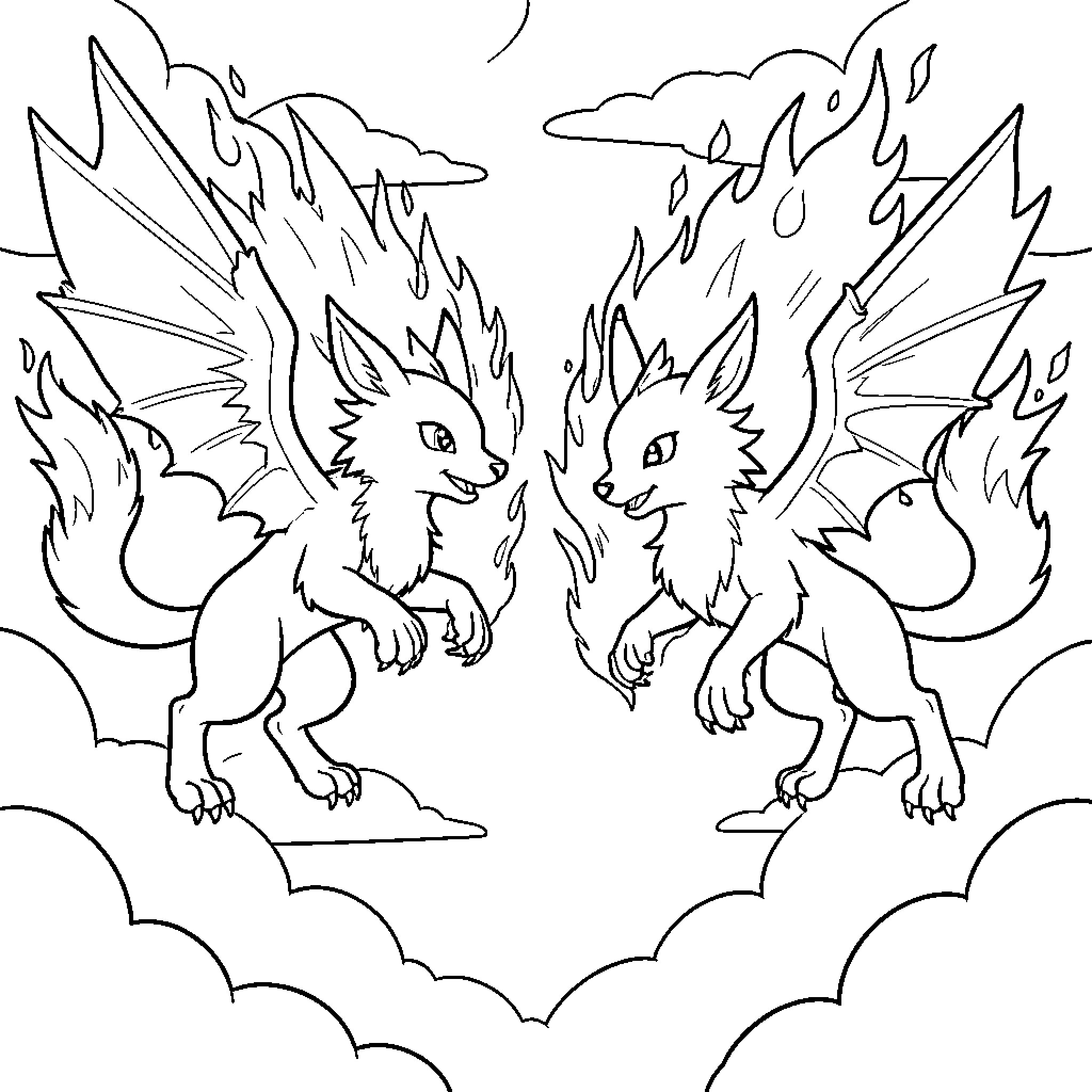 Dracaufeu Dragon Companions in Fiery Clouds Coloring Page (free black-and-white line drawing printable PDF for all, from beginners to advanced learners, including children, teens, adults, and seniors)
