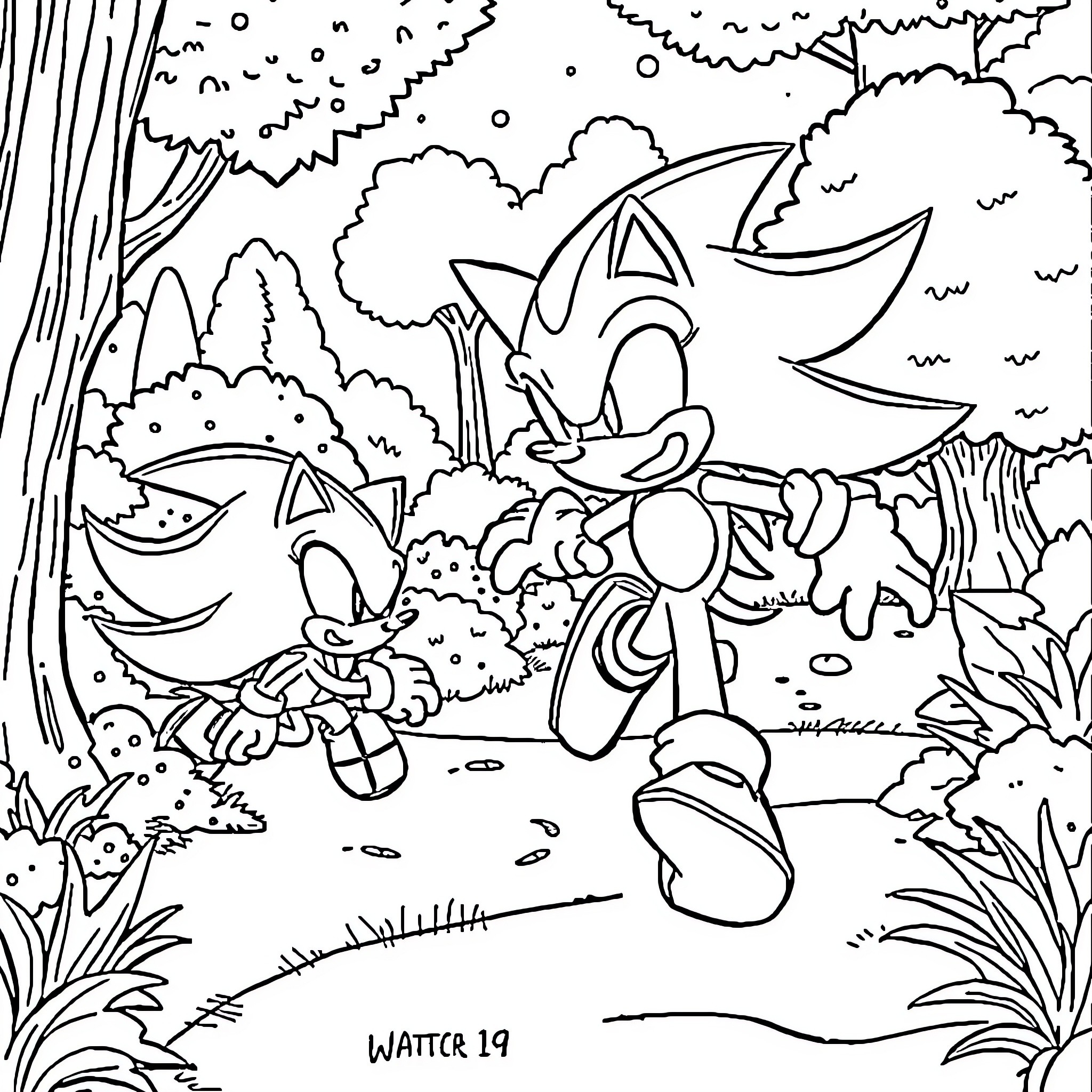 Sonic and Friends in the Lively Forest Coloring Page (free black-and-white line drawing printable PDF for all, from beginners to advanced learners, including children, teens, adults, and seniors)