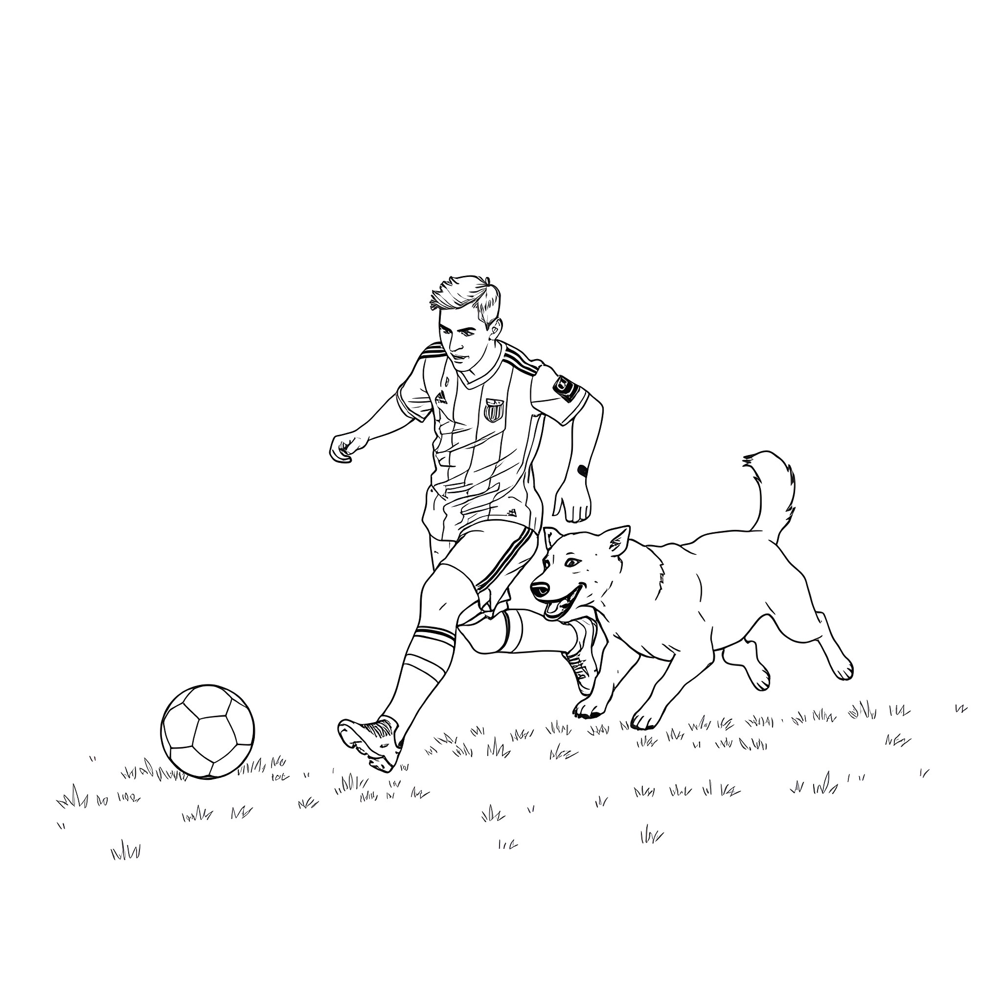 Lionel Messi playing soccer with his dog on the field Coloring Page (free black-and-white line drawing printable PDF for all, from beginners to advanced learners, including children, teens, adults, and seniors)