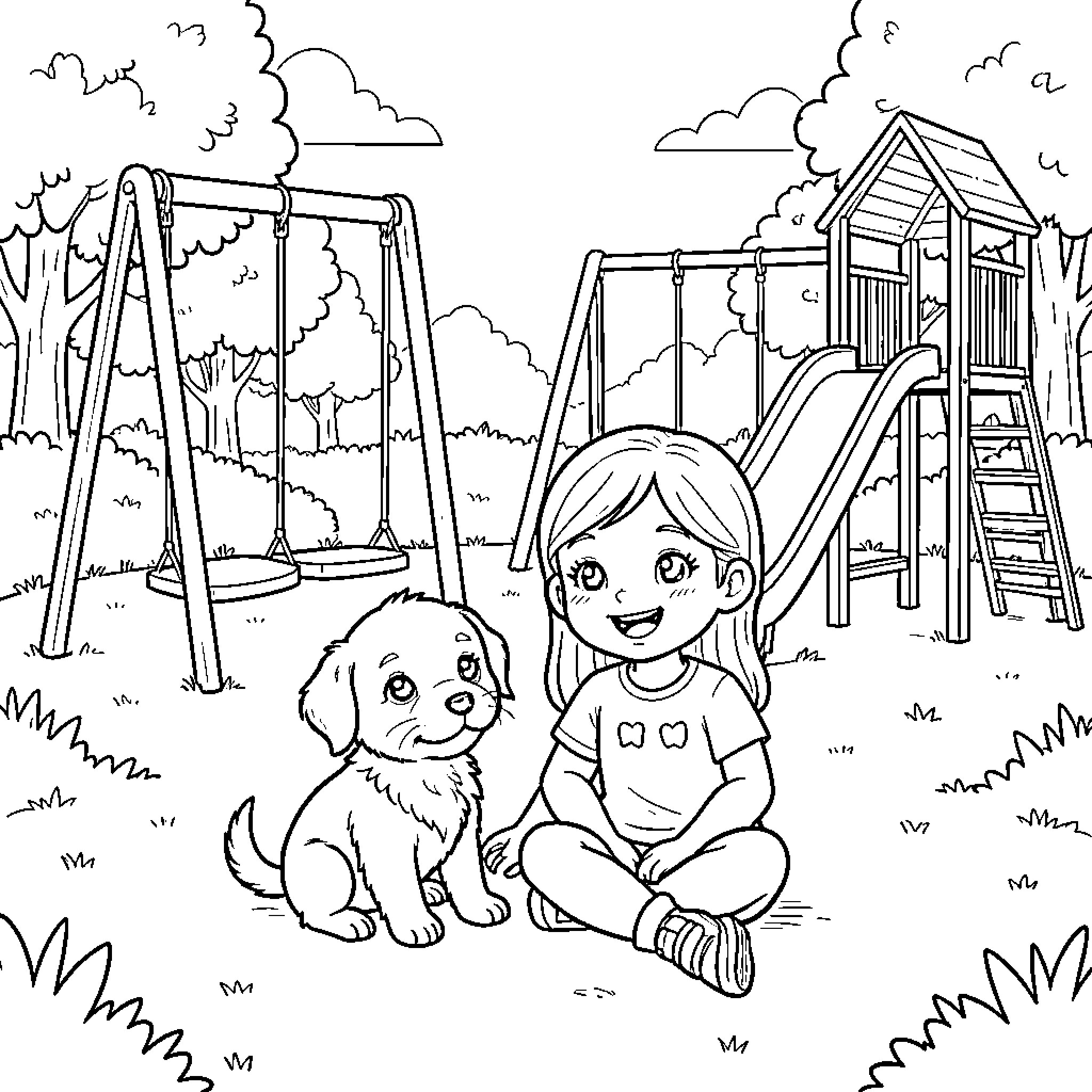 Dog and girl playing happily at the playground Coloring Page (free black-and-white line drawing printable PDF for all, from beginners to advanced learners, including children, teens, adults, and seniors)