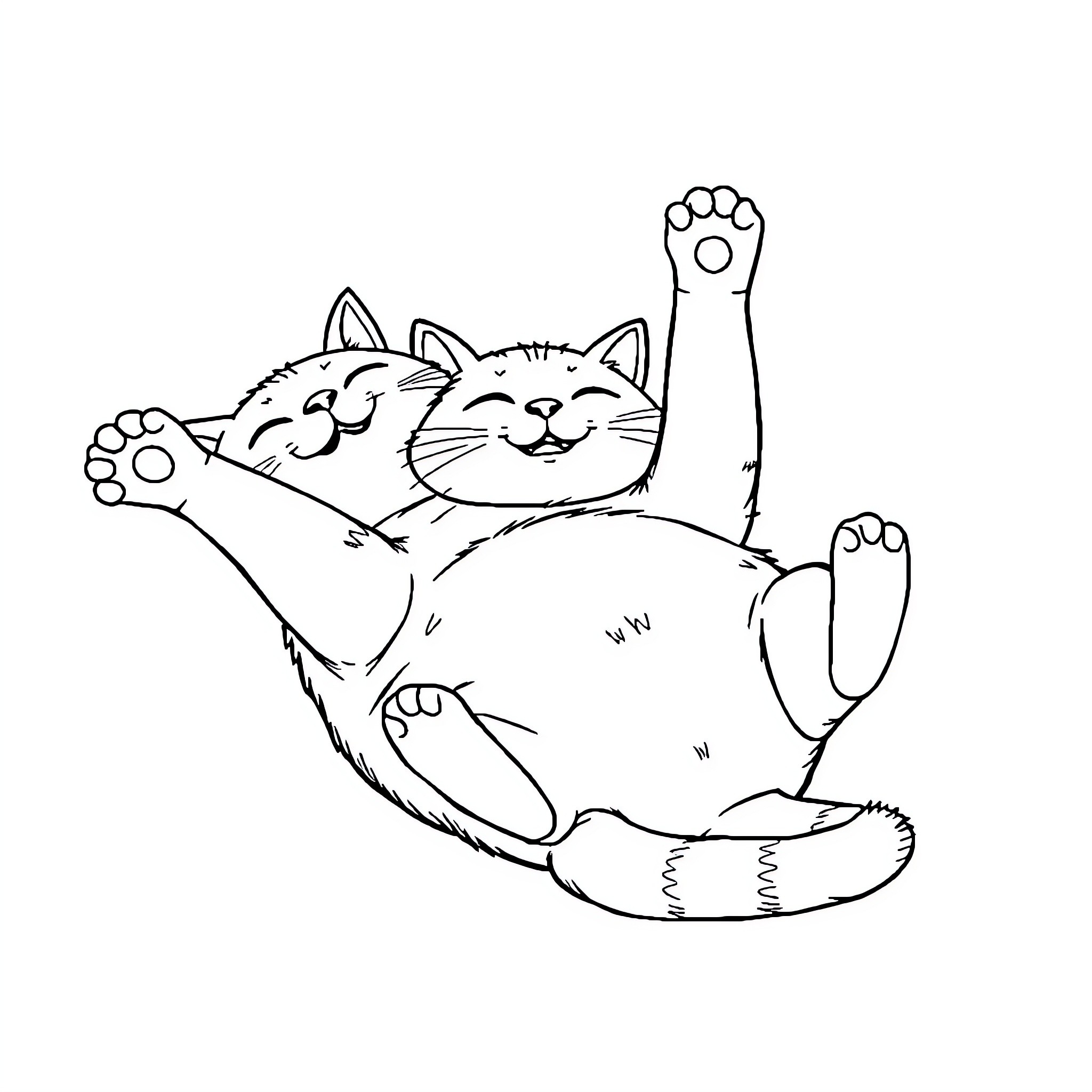 Cat relaxing and stretching playfully Coloring Page (free black-and-white line drawing printable PDF for all, from beginners to advanced learners, including children, teens, adults, and seniors)