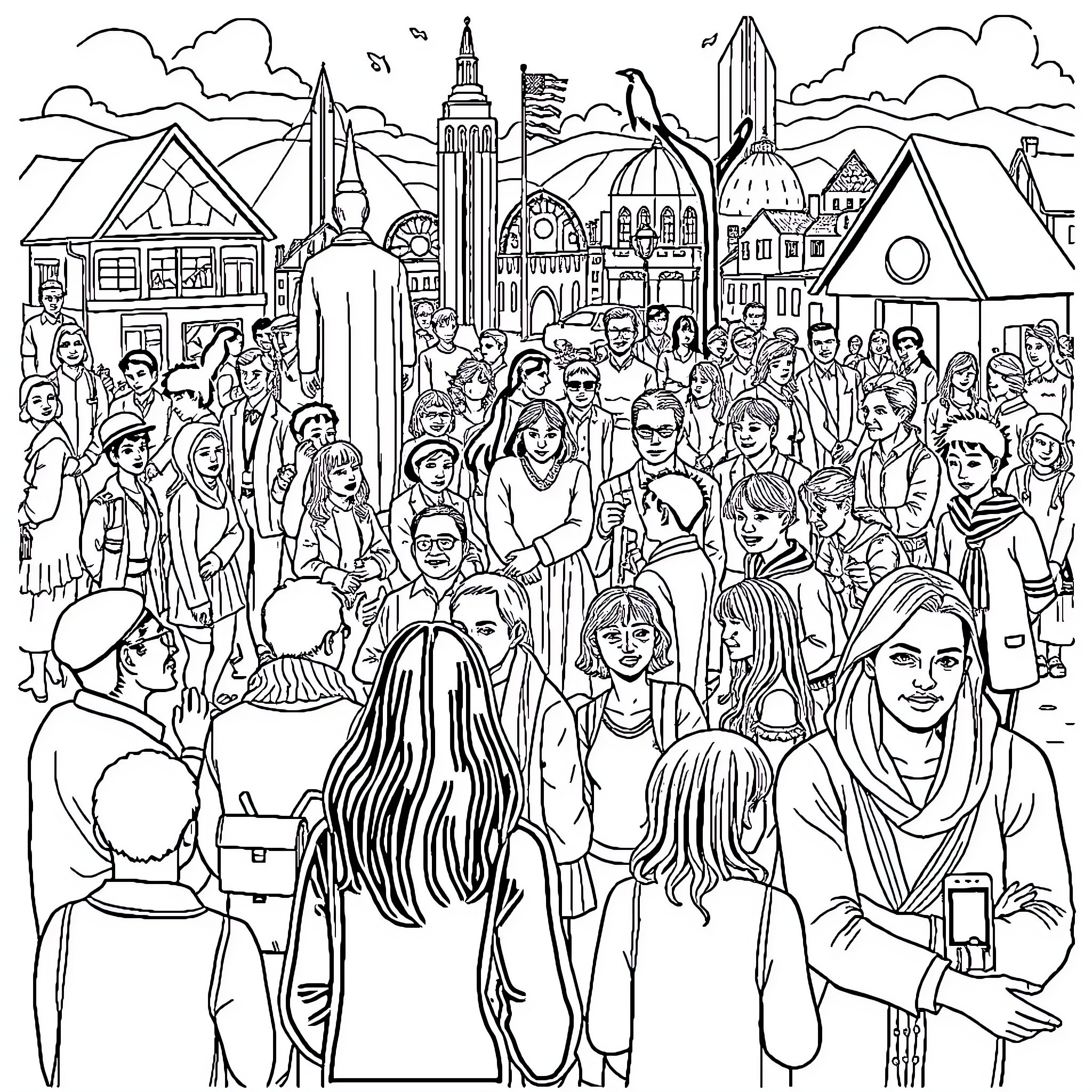 Scenario of a diverse crowd in a bustling urban setting Coloring Page (free black-and-white line drawing printable PDF for all, from beginners to advanced learners, including children, teens, adults, and seniors)