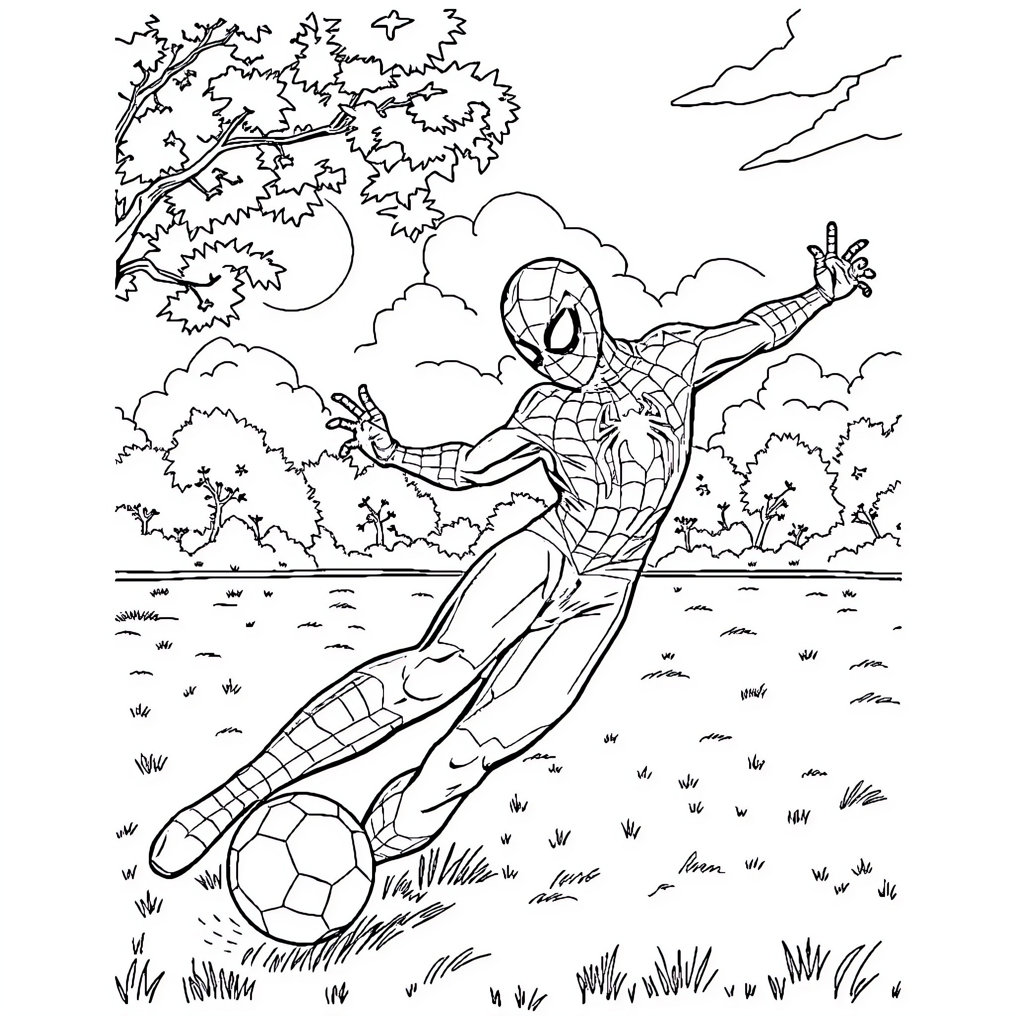 Spiderman playing with a soccer ball in the park Coloring Page (free black-and-white line drawing printable PDF for all, from beginners to advanced learners, including children, teens, adults, and seniors)