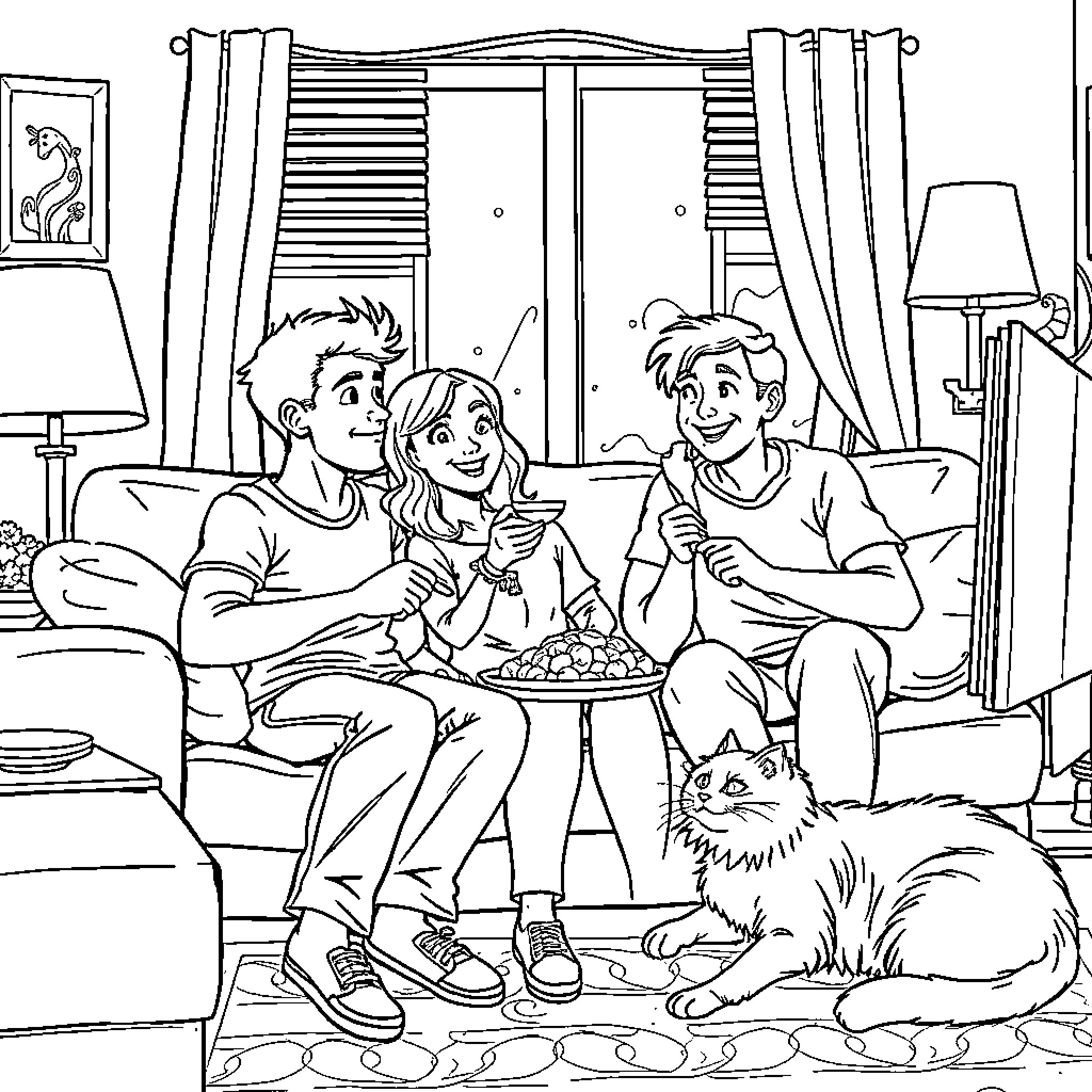 Family Enjoying Snacks and Quality Time Together Coloring Page (free black-and-white line drawing printable PDF for all, from beginners to advanced learners, including children, teens, adults, and seniors)
