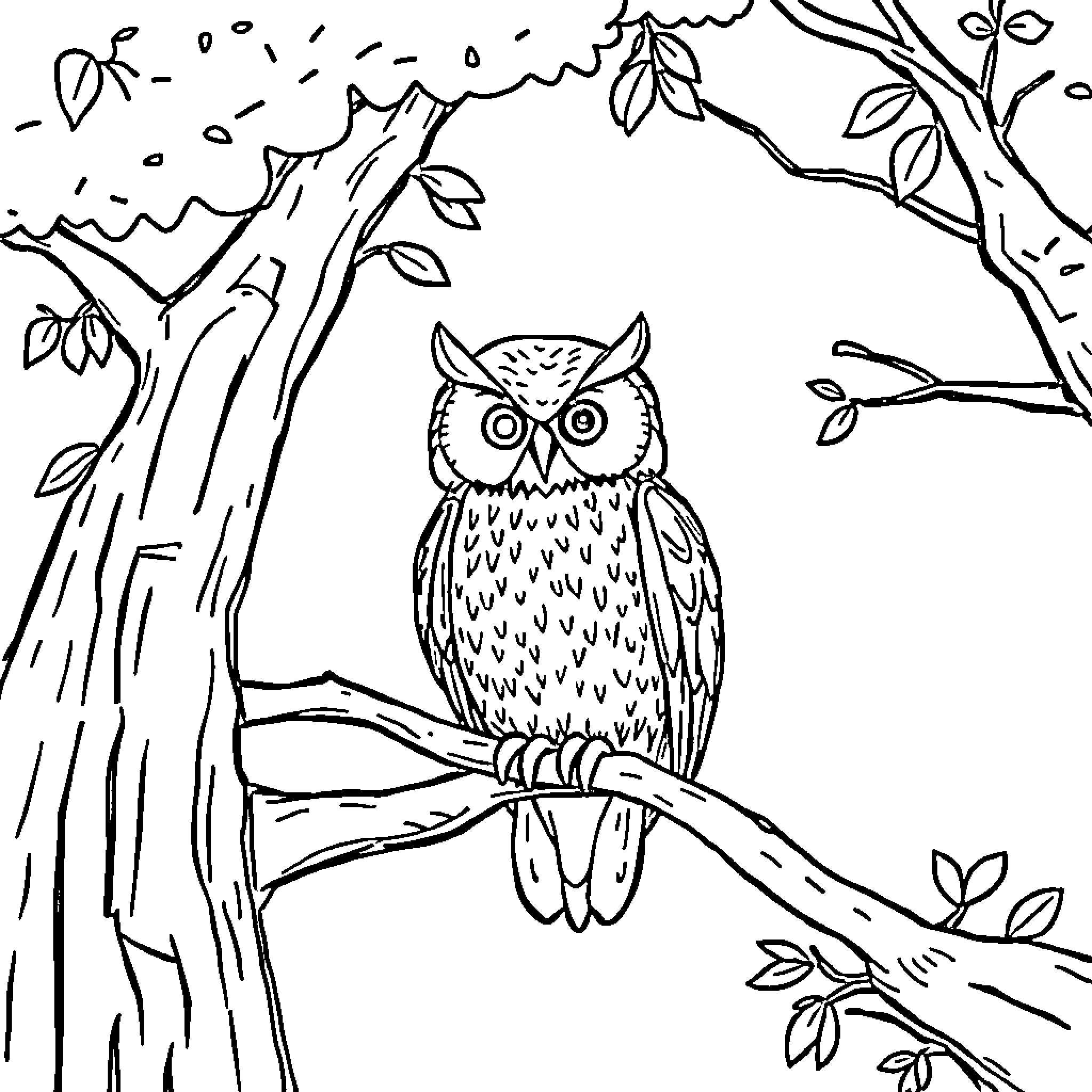 Owl perched on tree branch in forest Coloring Page (free black-and-white line drawing printable PDF for all, from beginners to advanced learners, including children, teens, adults, and seniors)