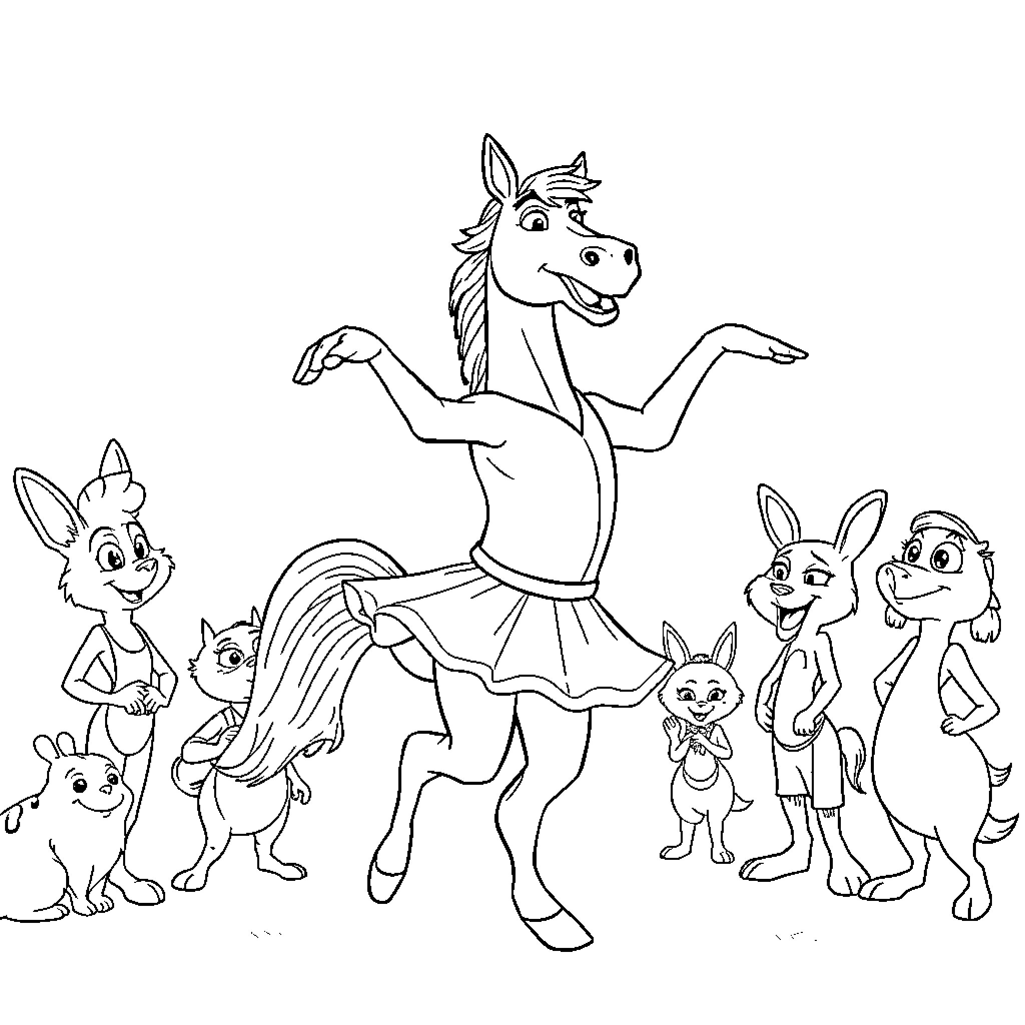 Horse dancing happily with animal friends Coloring Page (free black-and-white line drawing printable PDF for all, from beginners to advanced learners, including children, teens, adults, and seniors)