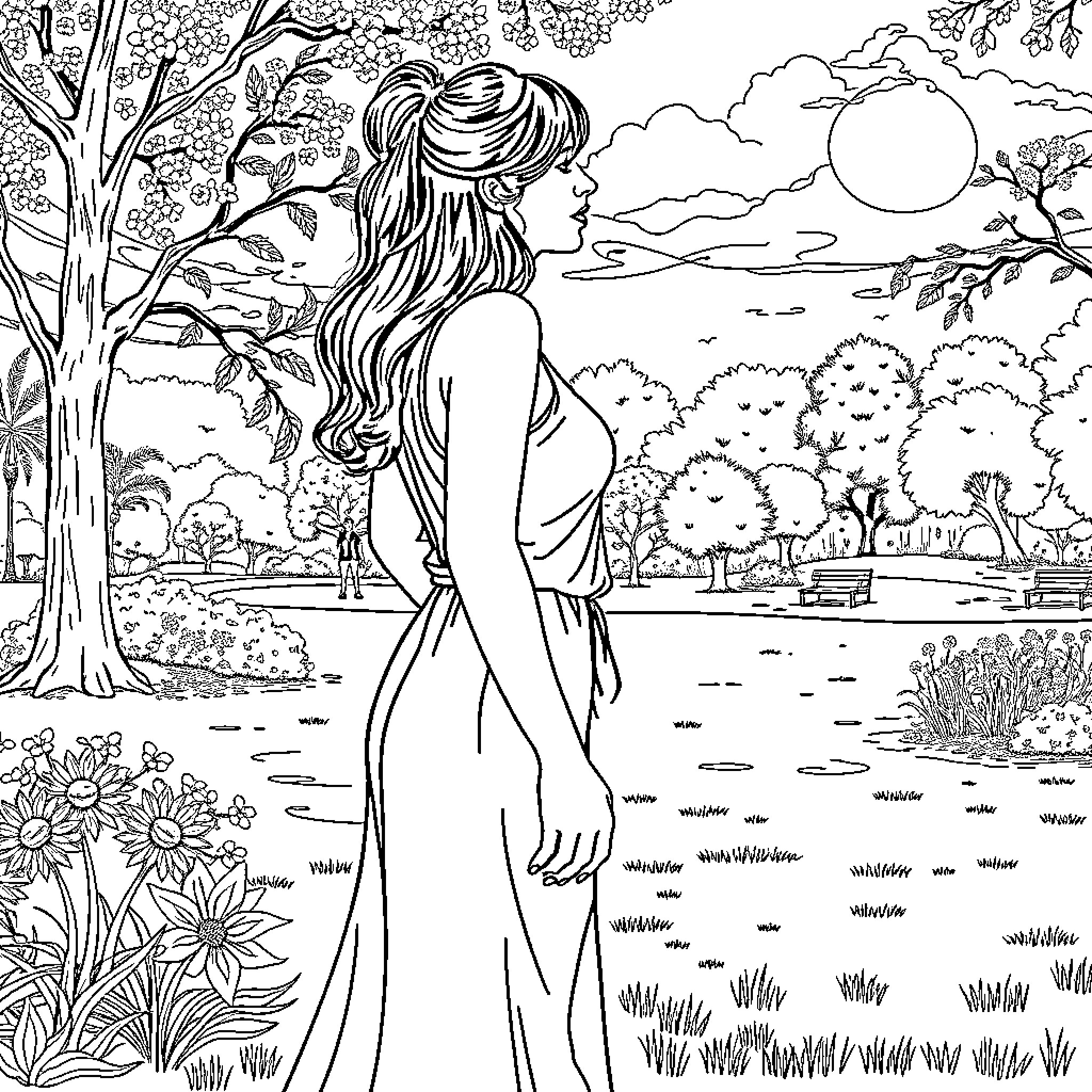Woman enjoying nature's beauty in tranquil landscape Coloring Page (free black-and-white line drawing printable PDF for all, from beginners to advanced learners, including children, teens, adults, and seniors)