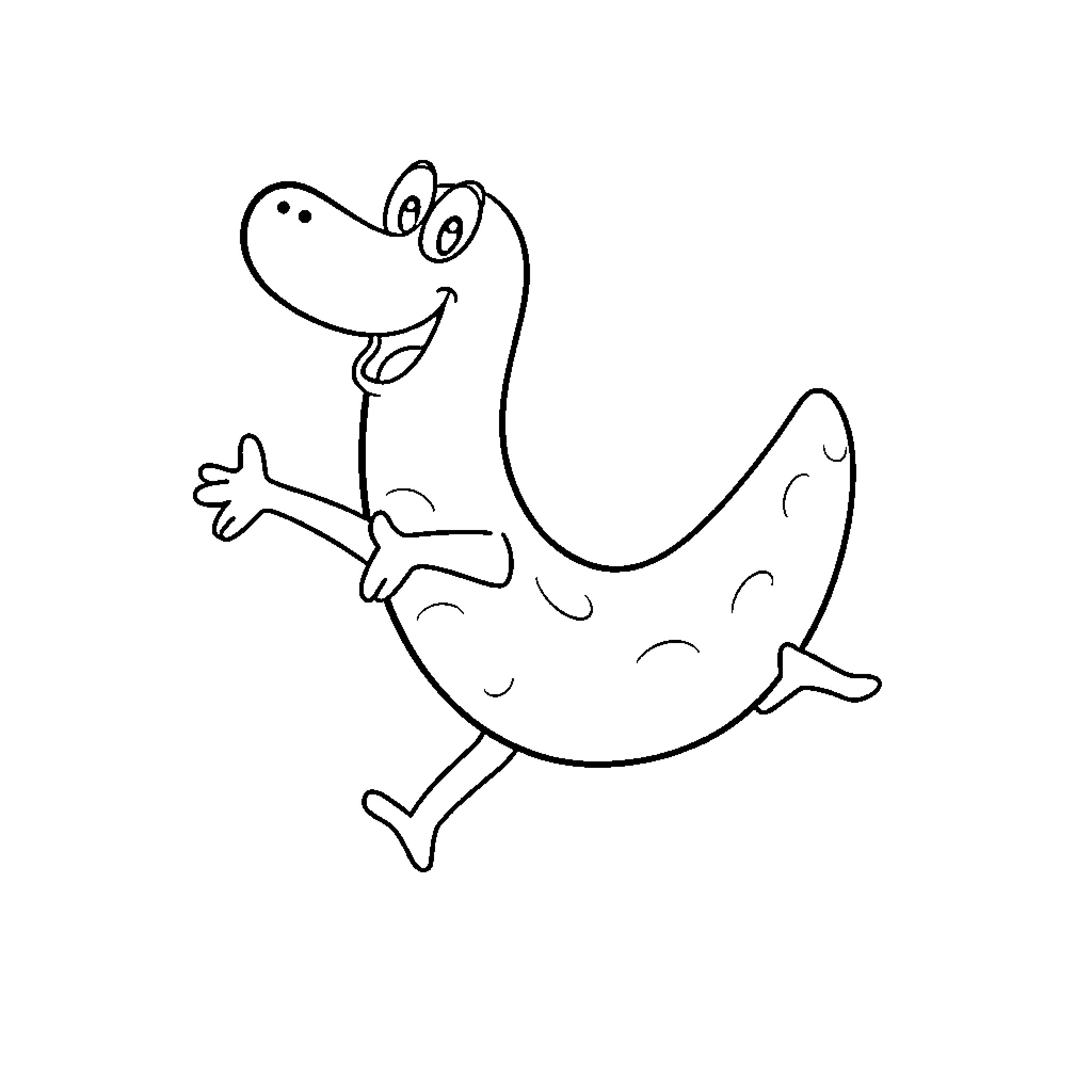 Sausage Dinosaur Joyfully Dancing Coloring Page (free black-and-white line drawing printable PDF for all, from beginners to advanced learners, including children, teens, adults, and seniors)