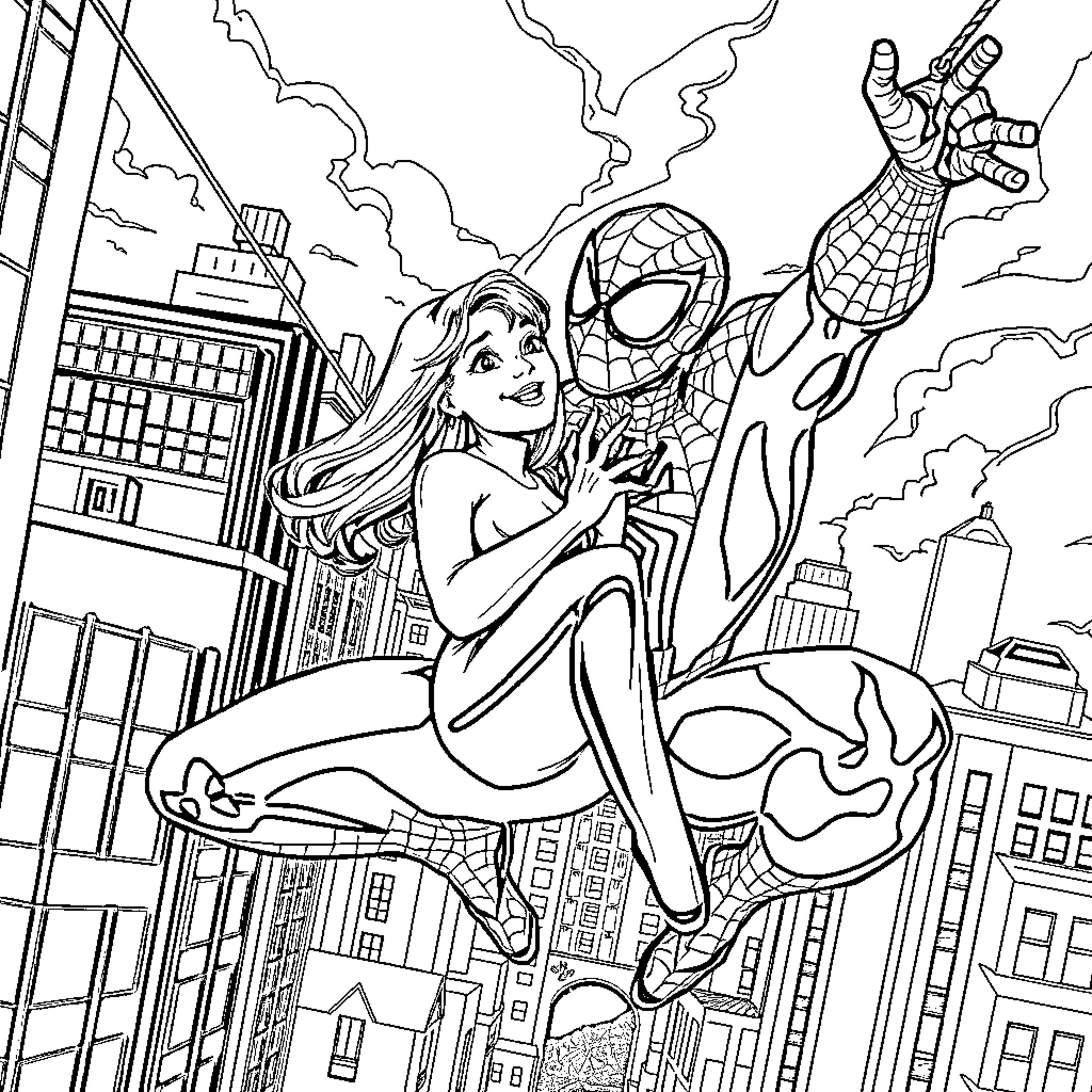 Spider-Man saves woman from high-rise building Coloring Page (free black-and-white line drawing printable PDF for all, from beginners to advanced learners, including children, teens, adults, and seniors)