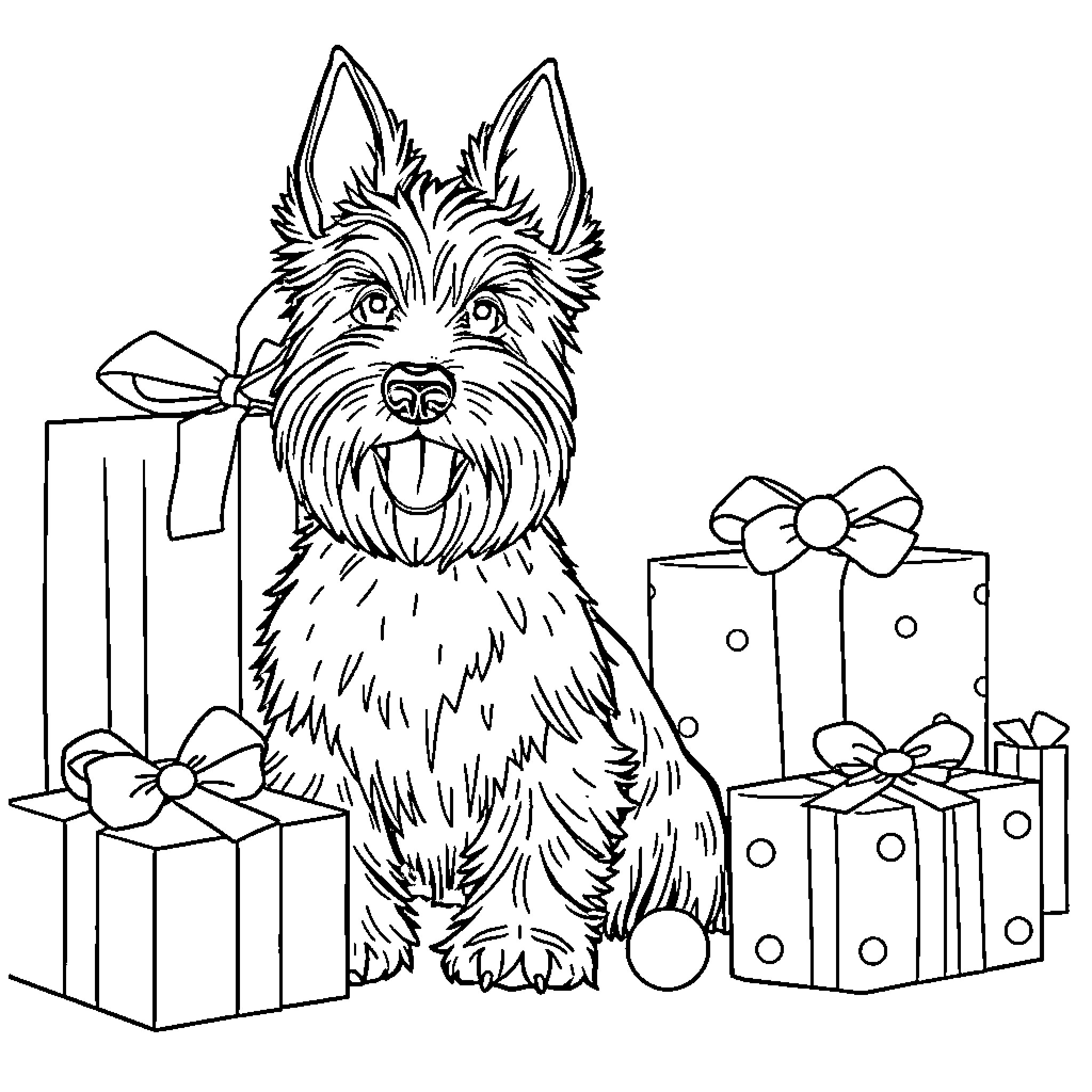 Scottie Dog surrounded by festive gifts Coloring Page (free black-and-white line drawing printable PDF for all, from beginners to advanced learners, including children, teens, adults, and seniors)