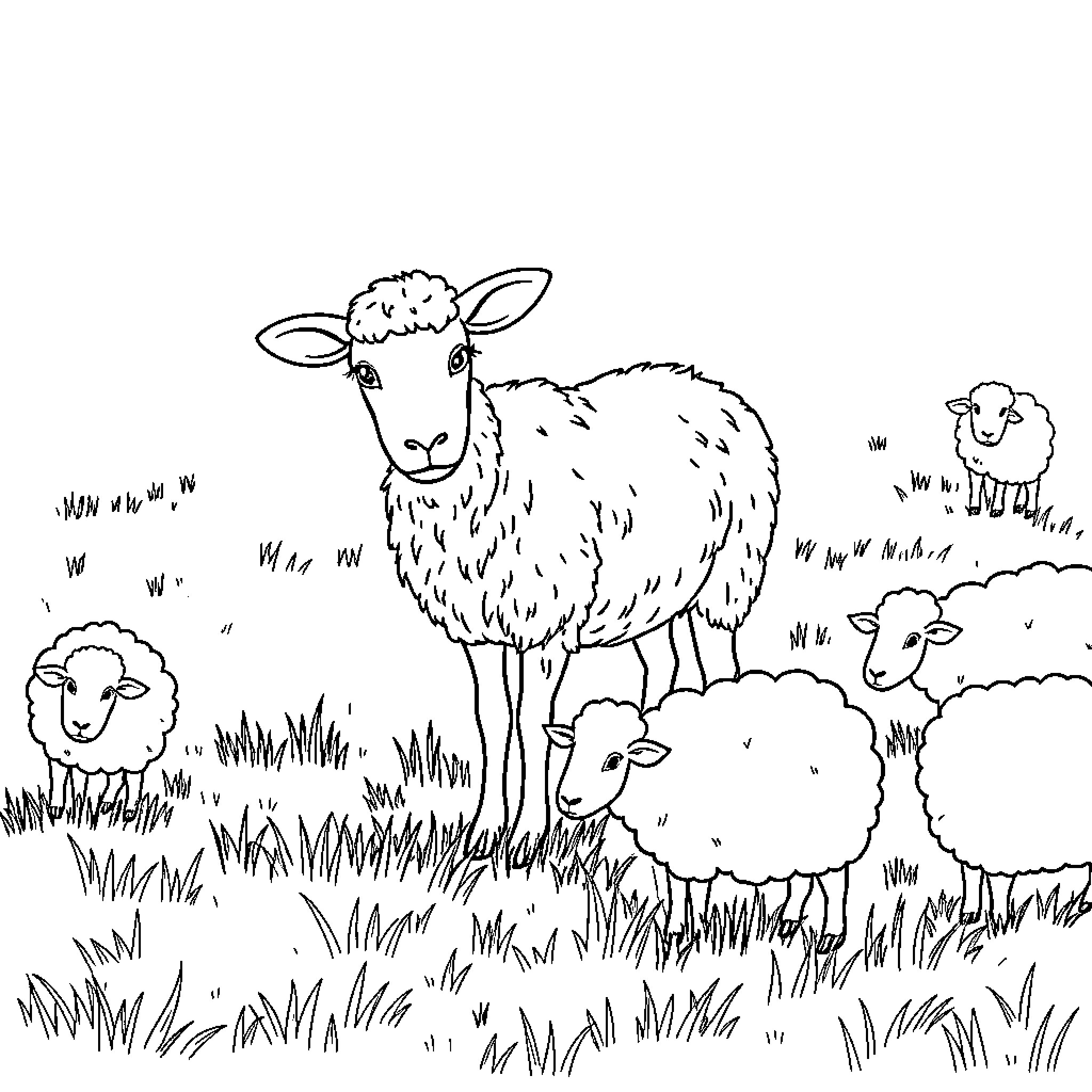 Lily enjoys a serene meadow with her sheep friends Coloring Page (free black-and-white line drawing printable PDF for all, from beginners to advanced learners, including children, teens, adults, and seniors)