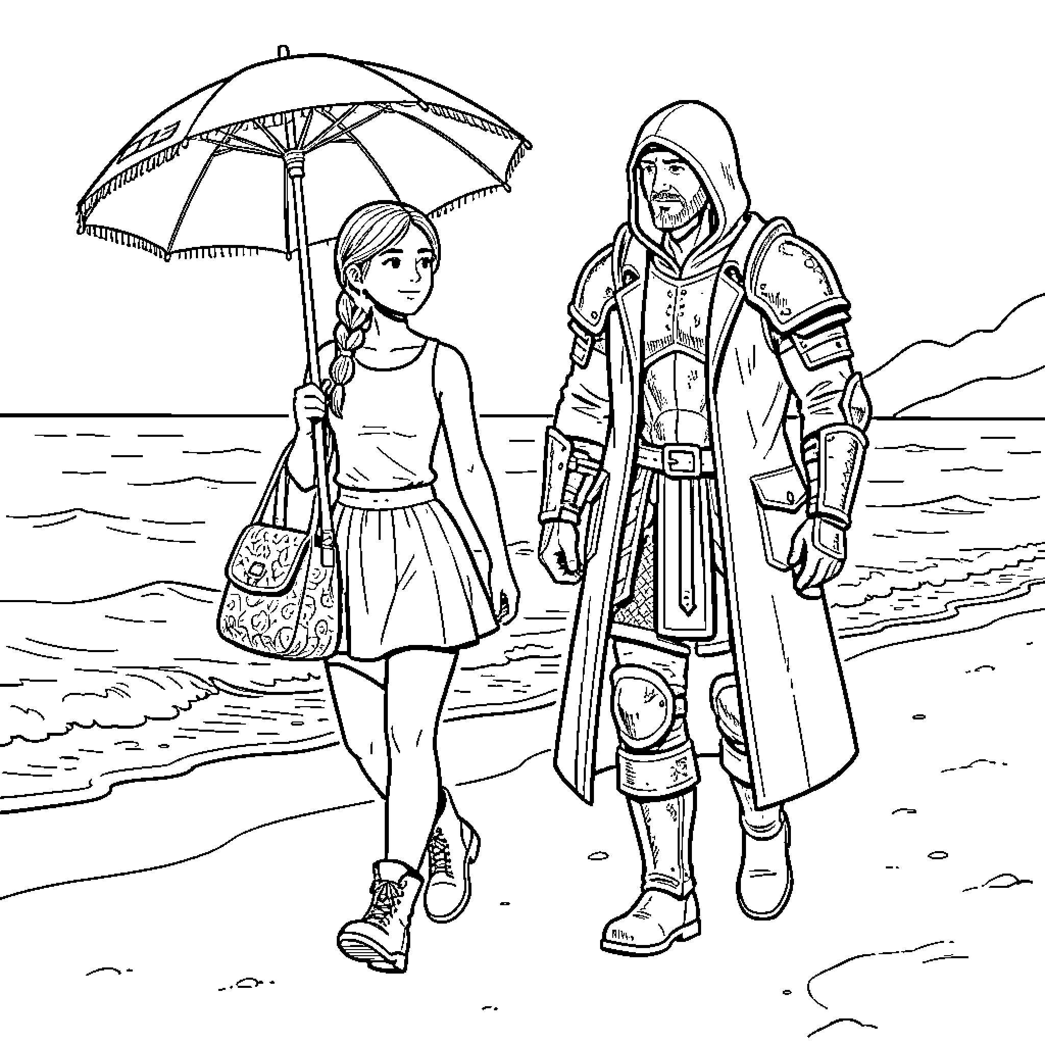 Mujer walking on the beach with a knight Coloring Page (free black-and-white line drawing printable PDF for all, from beginners to advanced learners, including children, teens, adults, and seniors)