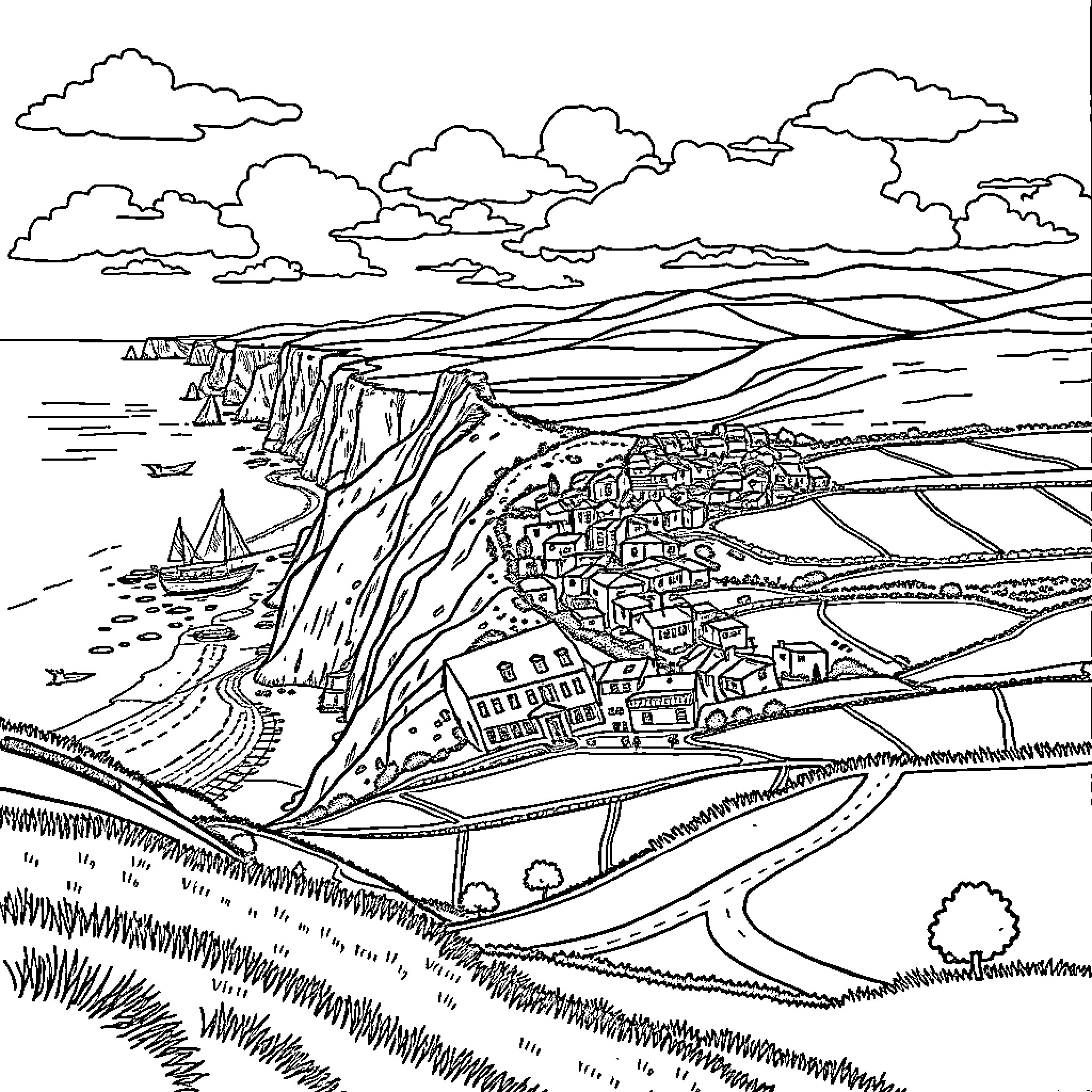 Landscape of a coastal town nestled between cliffs and the sea Coloring Page (free black-and-white line drawing printable PDF for all, from beginners to advanced learners, including children, teens, adults, and seniors)