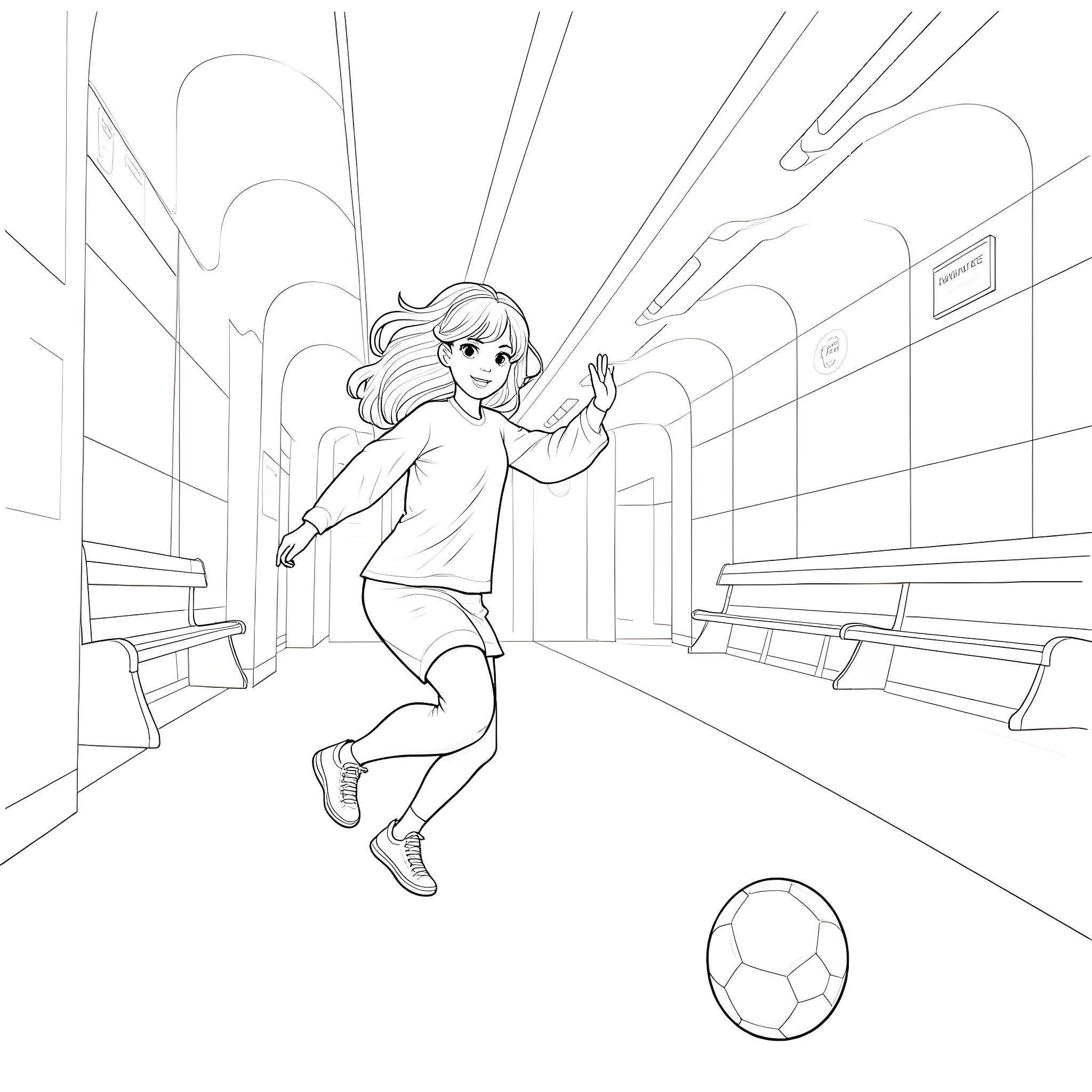 Girl playing with soccer ball in school hallway Coloring Page (free black-and-white line drawing printable PDF for all, from beginners to advanced learners, including children, teens, adults, and seniors)