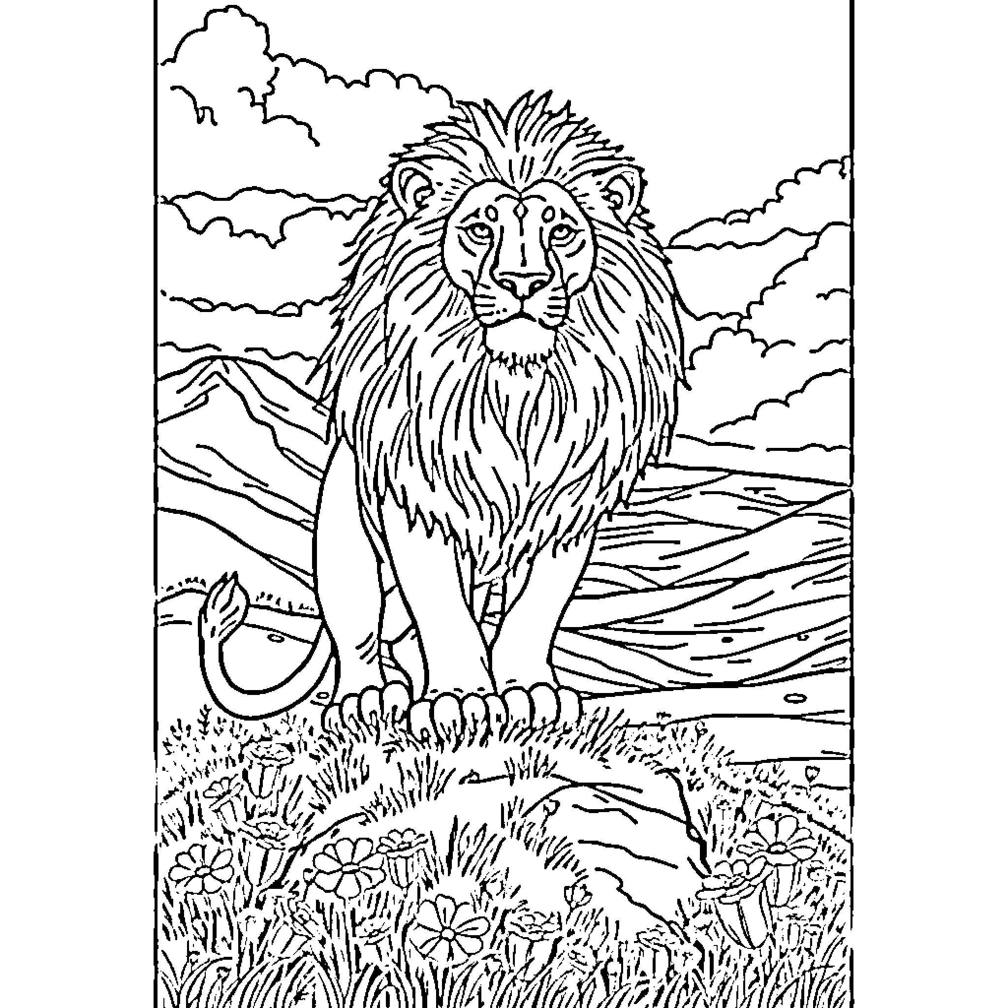 Lion standing proudly in the wilderness Coloring Page (free black-and-white line drawing printable PDF for all, from beginners to advanced learners, including children, teens, adults, and seniors)