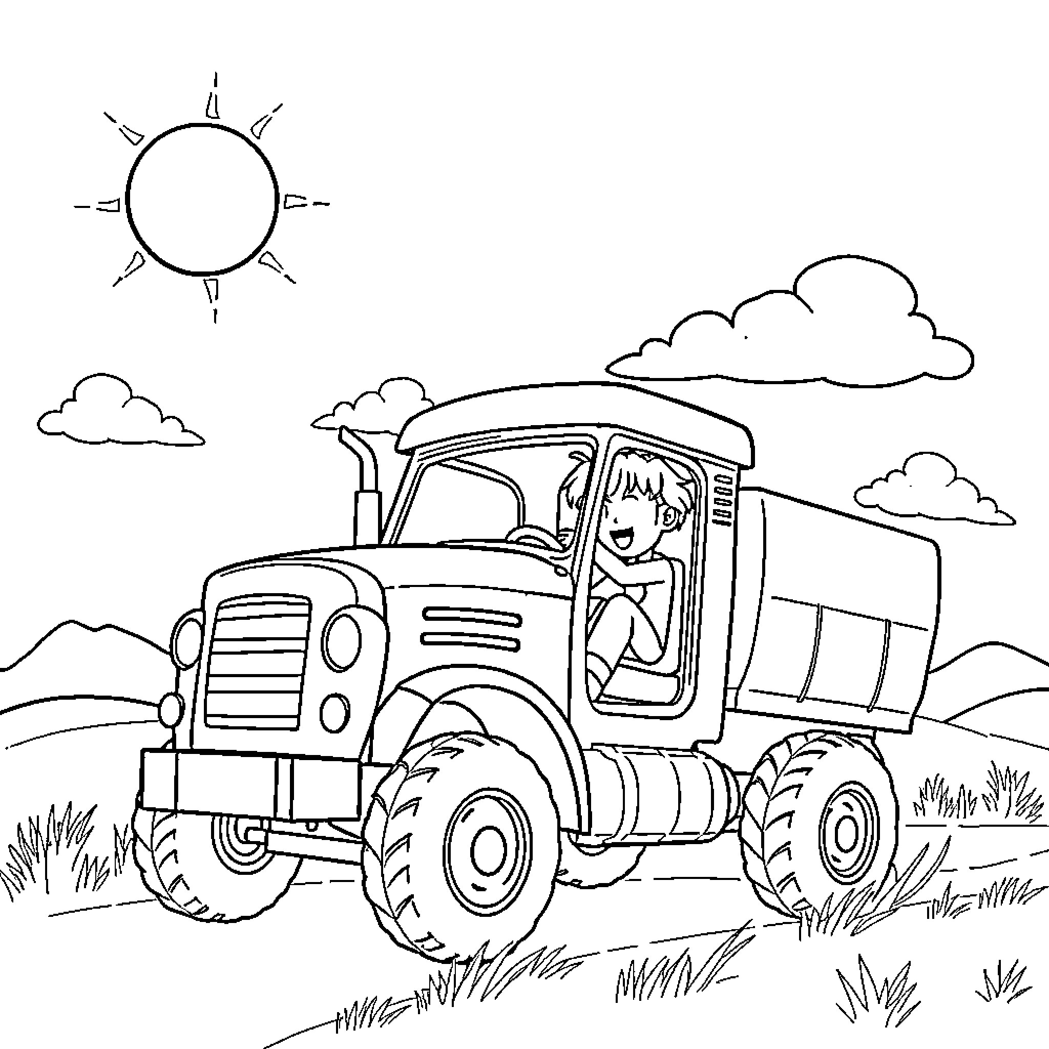 Camioneta carrying materials in the countryside Coloring Page (free black-and-white line drawing printable PDF for all, from beginners to advanced learners, including children, teens, adults, and seniors)