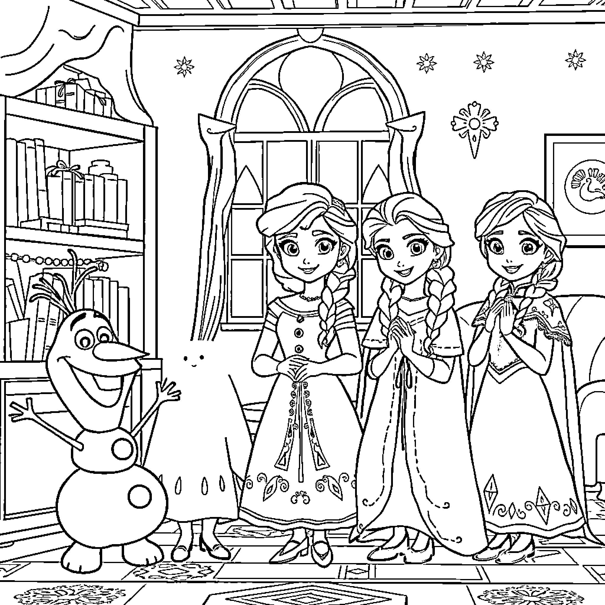 Bluey and friends explore a winter wonderland Coloring Page (free black-and-white line drawing printable PDF for all, from beginners to advanced learners, including children, teens, adults, and seniors)