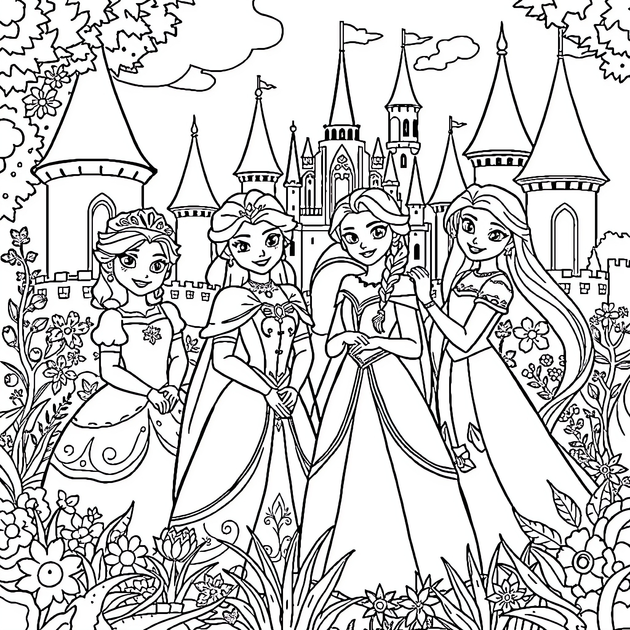 Princess Princesses Exploring the Royal Castle Coloring Page (free black-and-white line drawing printable PDF for all, from beginners to advanced learners, including children, teens, adults, and seniors)