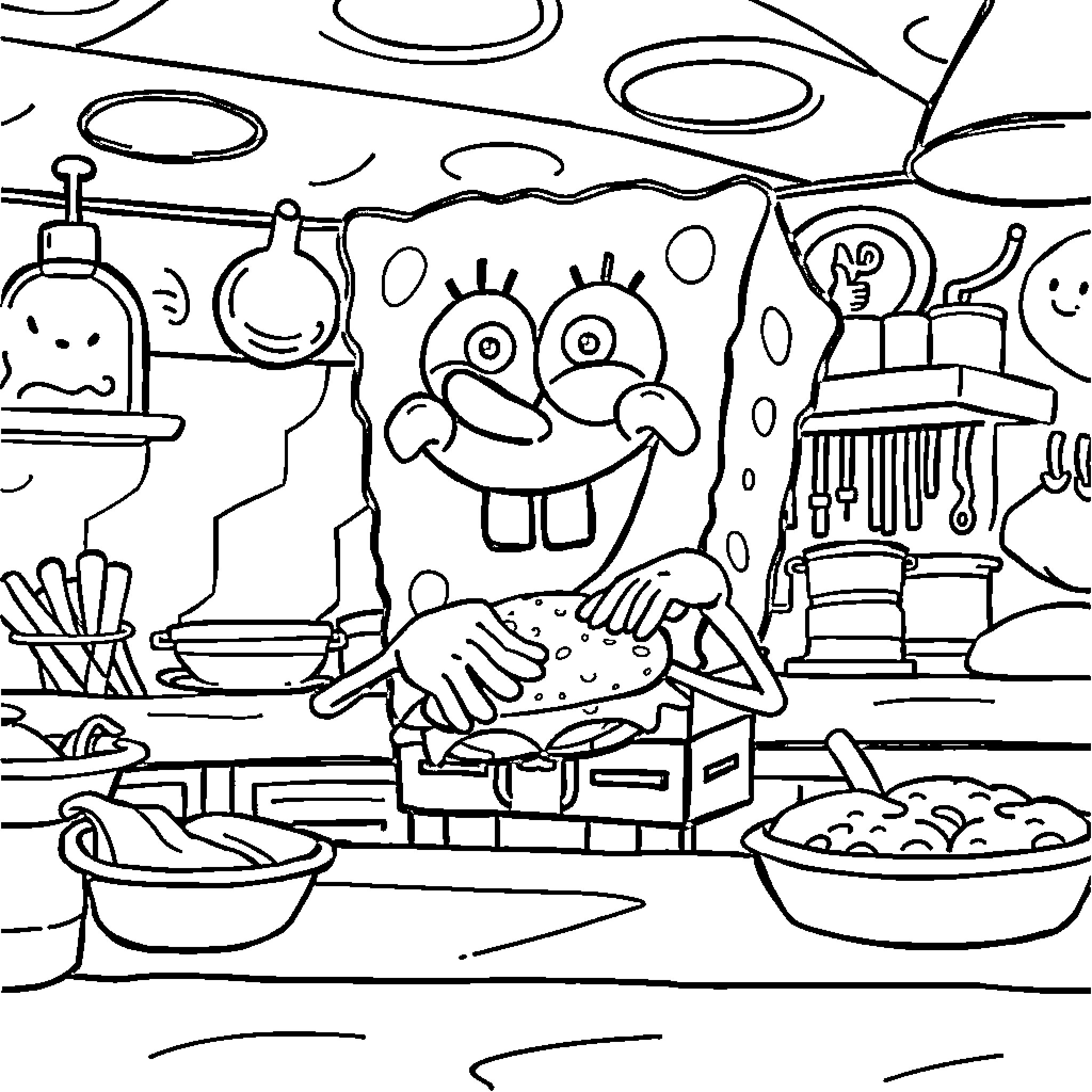 Spongebob's Comical Kitchen Adventure Coloring Page (free black-and-white line drawing printable PDF for all, from beginners to advanced learners, including children, teens, adults, and seniors)
