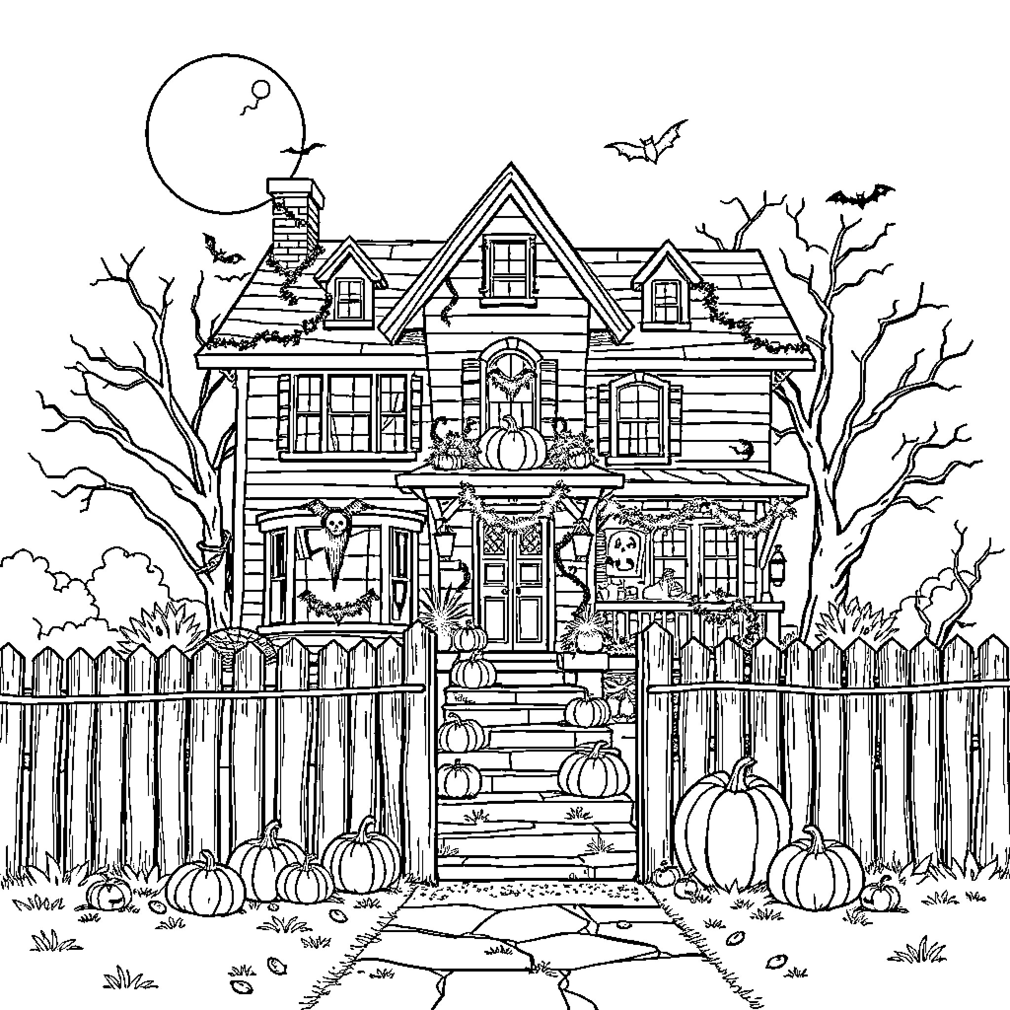 House decorated for Halloween with spooky elements Coloring Page (free black-and-white line drawing printable PDF for all, from beginners to advanced learners, including children, teens, adults, and seniors)