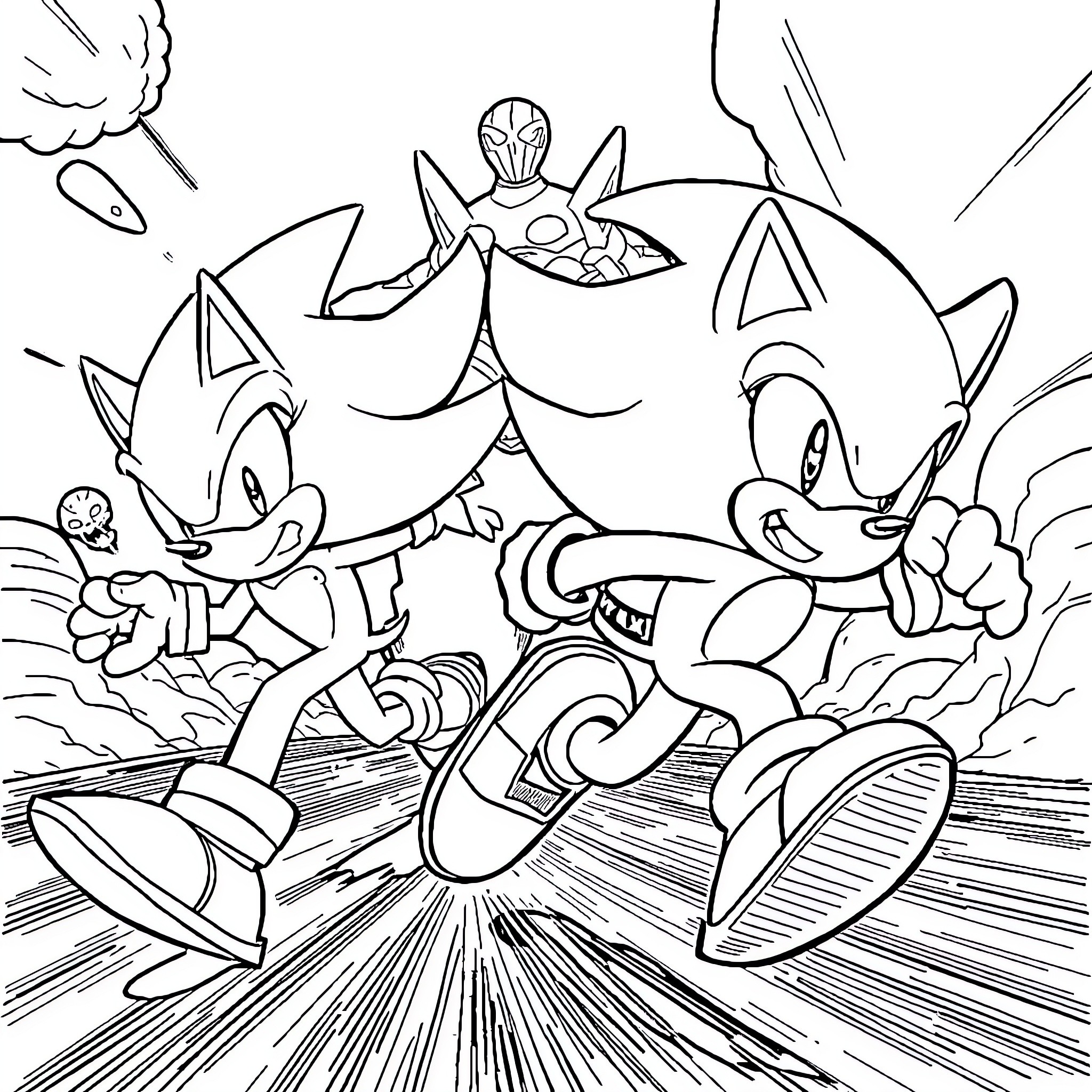 Sonic and Friends Engage in Thrilling Action Coloring Page (free black-and-white line drawing printable PDF for all, from beginners to advanced learners, including children, teens, adults, and seniors)