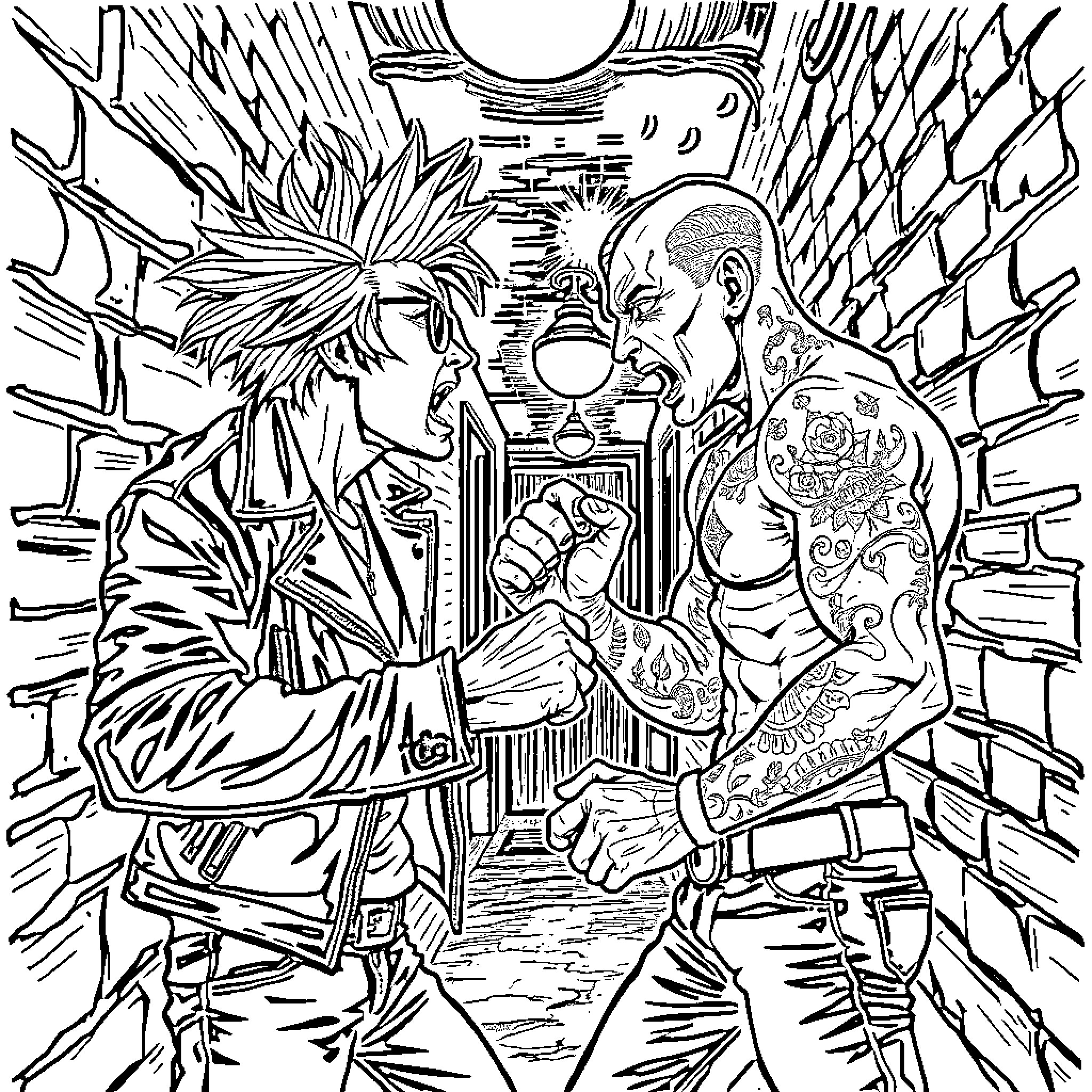 Fighter warriors clashing in intense battle Coloring Page (free black-and-white line drawing printable PDF for all, from beginners to advanced learners, including children, teens, adults, and seniors)