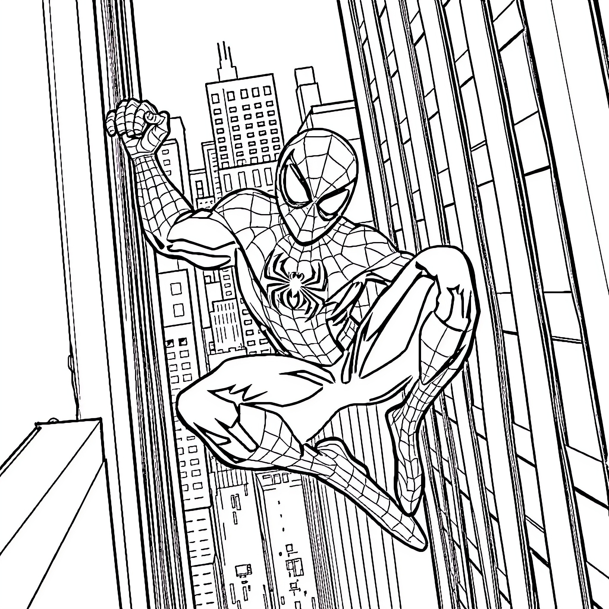 Spider-Man swinging through the city skyline Coloring Page (free black-and-white line drawing printable PDF for all, from beginners to advanced learners, including children, teens, adults, and seniors)