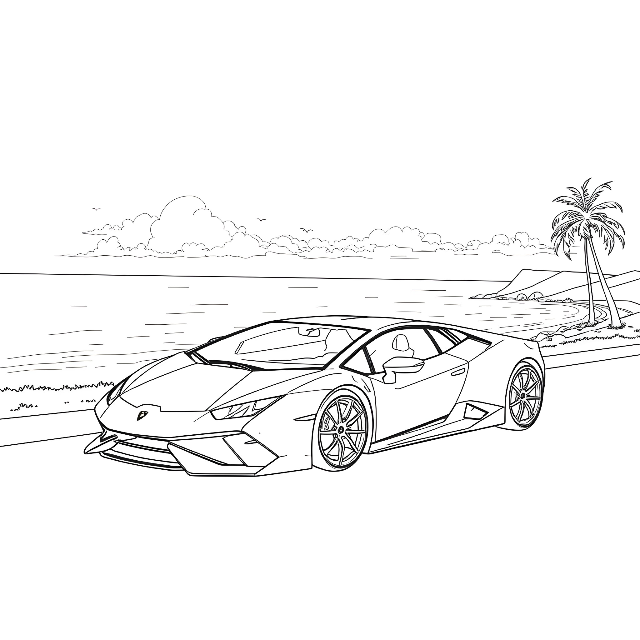 Lamborghini driving along the beach Coloring Page (free black-and-white line drawing printable PDF for all, from beginners to advanced learners, including children, teens, adults, and seniors)