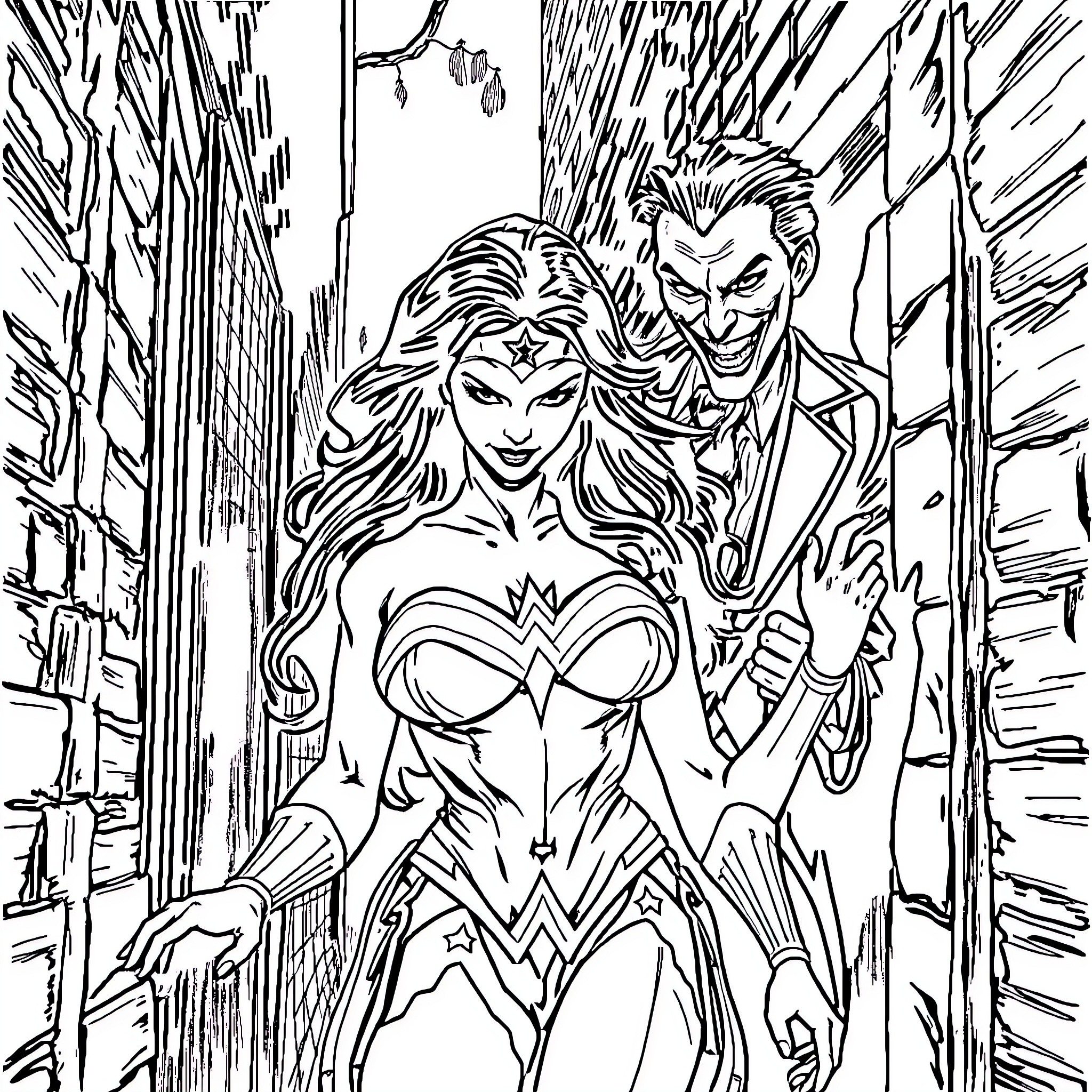 Wonder Woman and Joker battling in the city Coloring Page (free black-and-white line drawing printable PDF for all, from beginners to advanced learners, including children, teens, adults, and seniors)