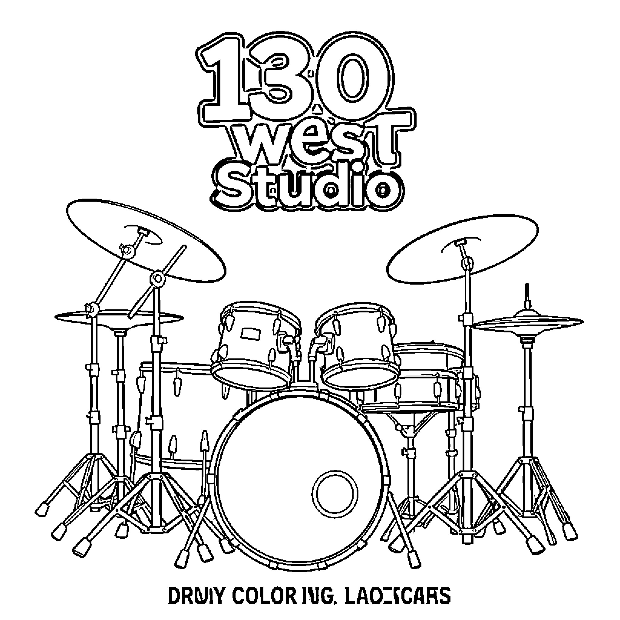 Drum kit setup at 130 West Studio Coloring Page (free black-and-white line drawing printable PDF for all, from beginners to advanced learners, including children, teens, adults, and seniors)