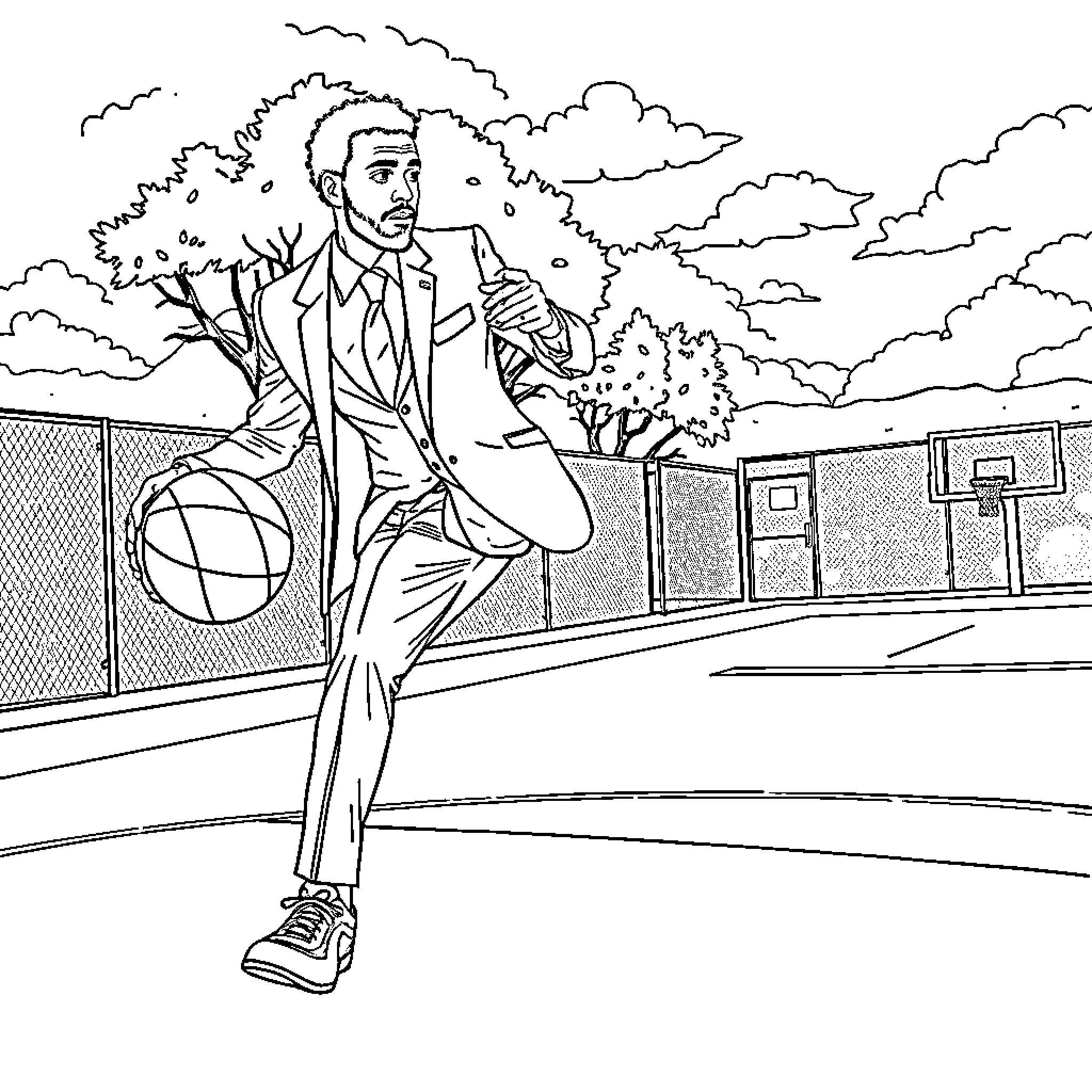 Man dribbling basketball on outdoor court Coloring Page (free black-and-white line drawing printable PDF for all, from beginners to advanced learners, including children, teens, adults, and seniors)