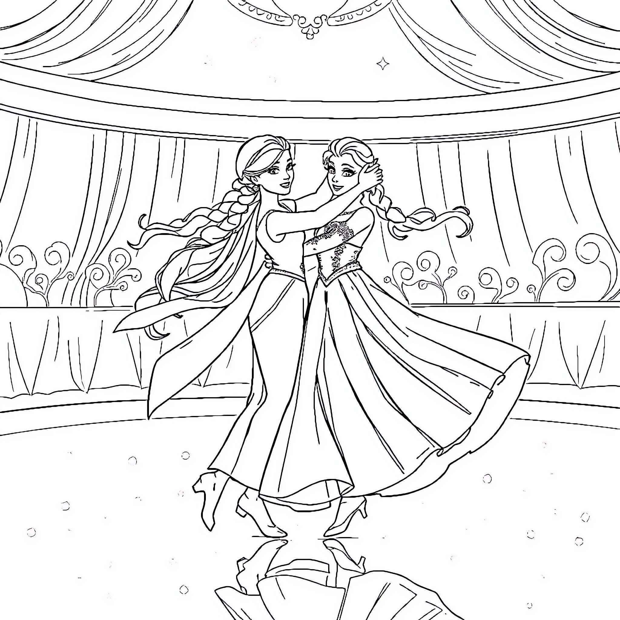 Ana and Elsa dancing elegantly on stage Coloring Page (free black-and-white line drawing printable PDF for all, from beginners to advanced learners, including children, teens, adults, and seniors)