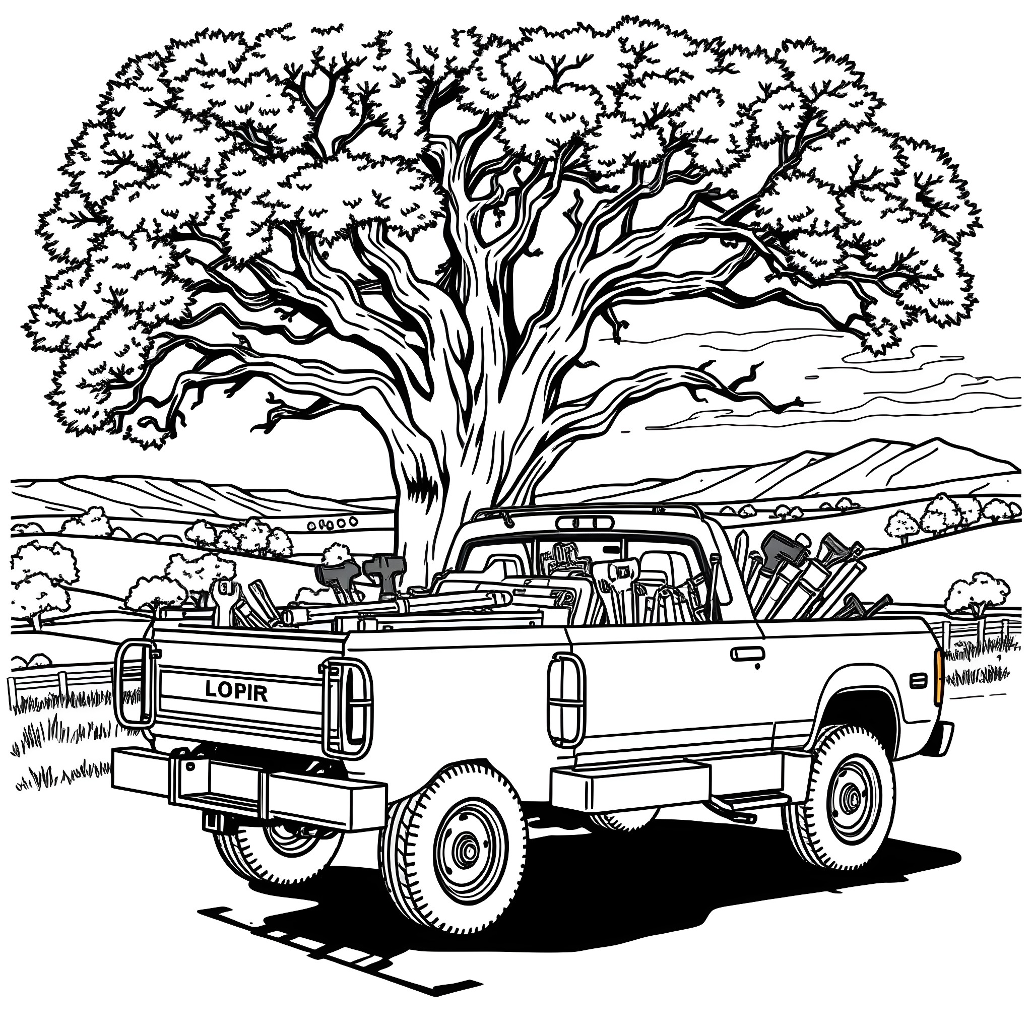 Pick Up Truck Hauling Tools in Rural Landscape Coloring Page (free black-and-white line drawing printable PDF for all, from beginners to advanced learners, including children, teens, adults, and seniors)