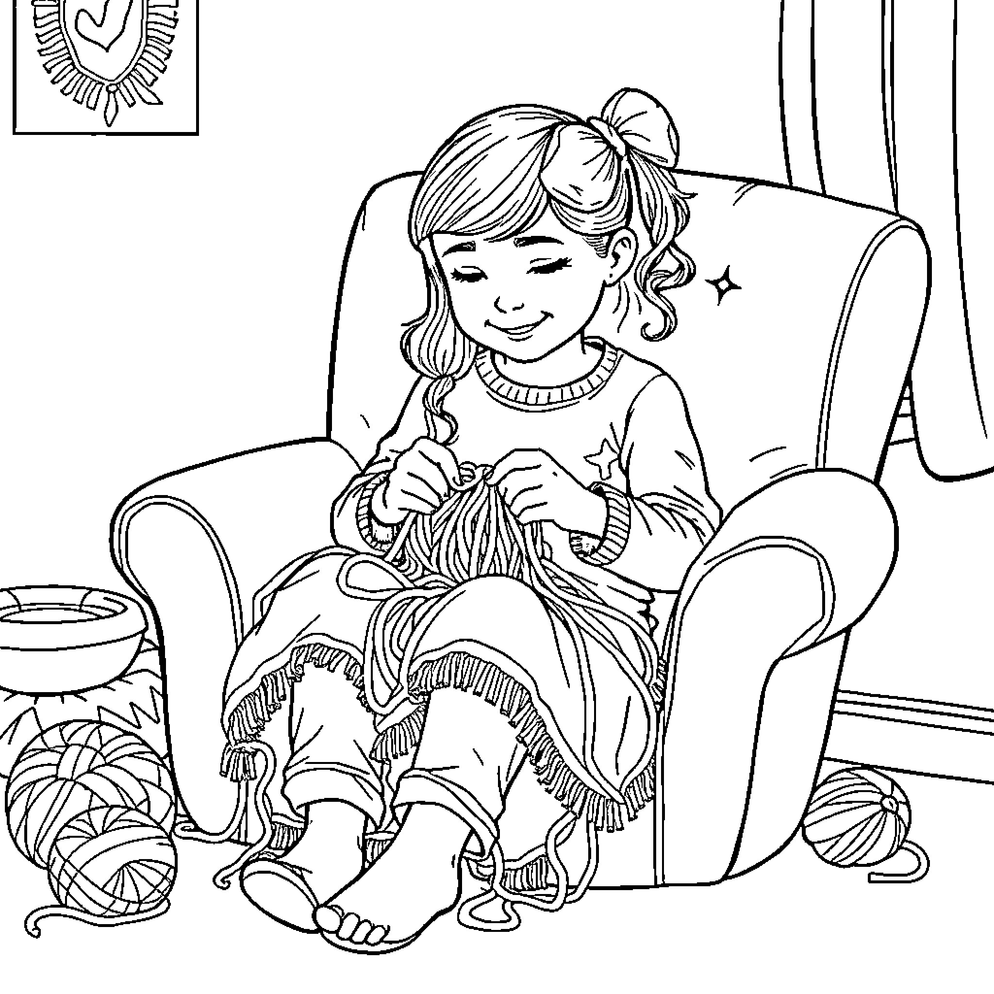 Girl knitting cozily in an armchair Coloring Page (free black-and-white line drawing printable PDF for all, from beginners to advanced learners, including children, teens, adults, and seniors)