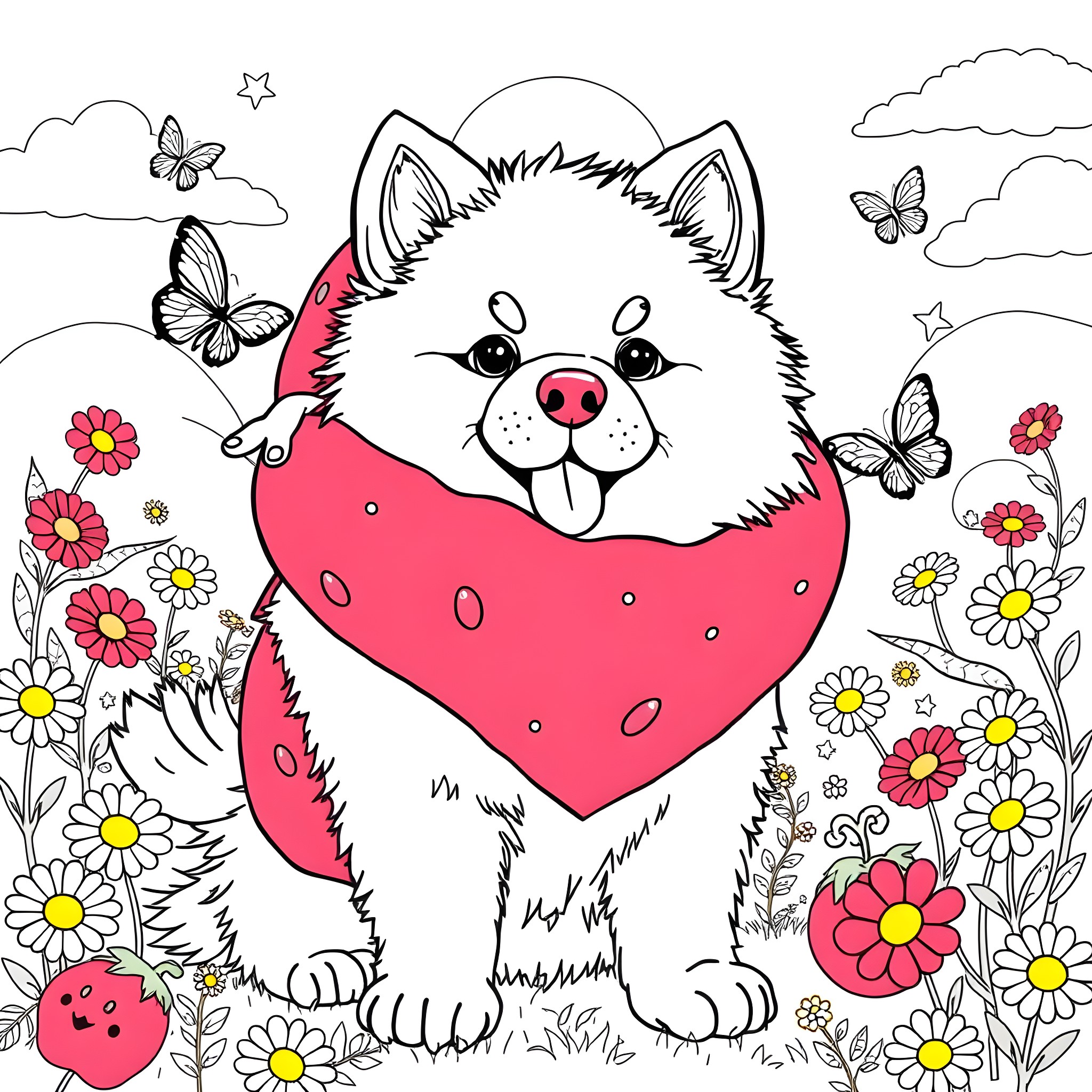 Dog with a heart playing amidst flowers and butterflies Coloring Page (free black-and-white line drawing printable PDF for all, from beginners to advanced learners, including children, teens, adults, and seniors)