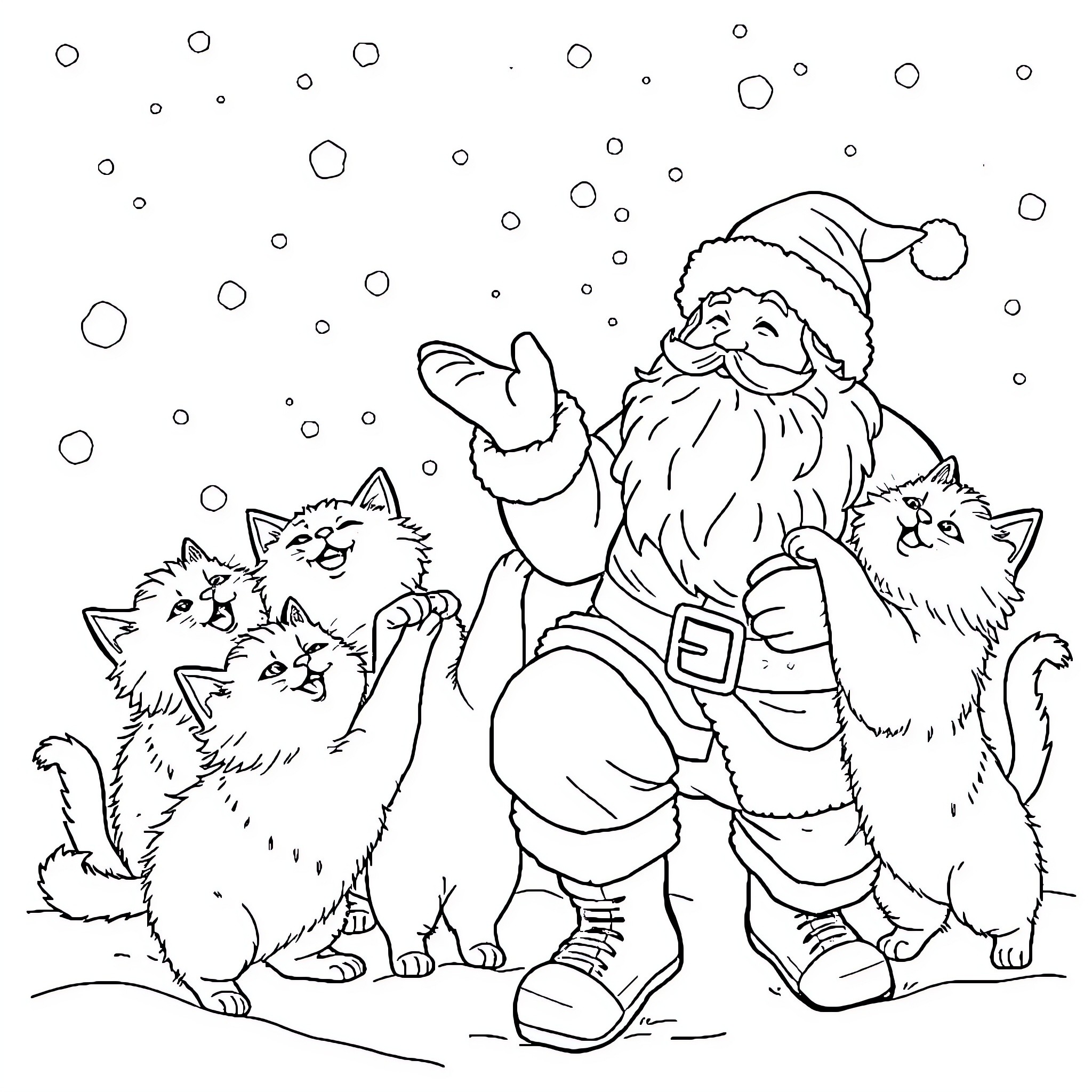 Cat and Santa enjoying the winter snow Coloring Page (free black-and-white line drawing printable PDF for all, from beginners to advanced learners, including children, teens, adults, and seniors)