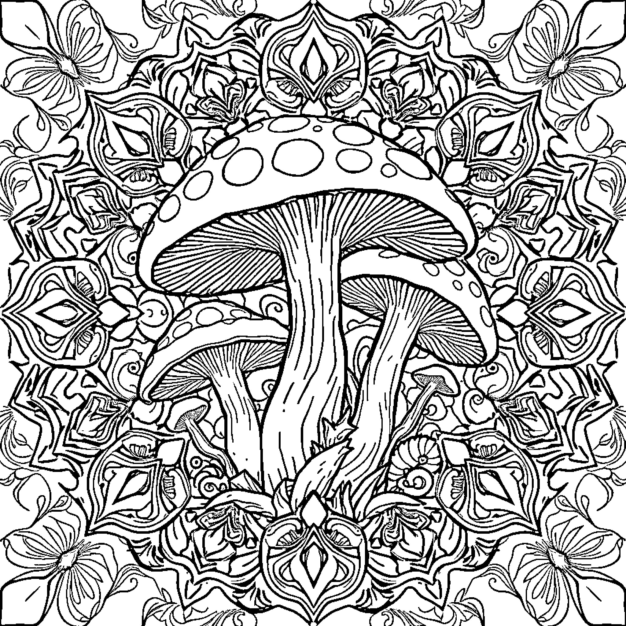 Mushroom in Floral Wonderland Coloring Page (free black-and-white line drawing printable PDF for all, from beginners to advanced learners, including children, teens, adults, and seniors)