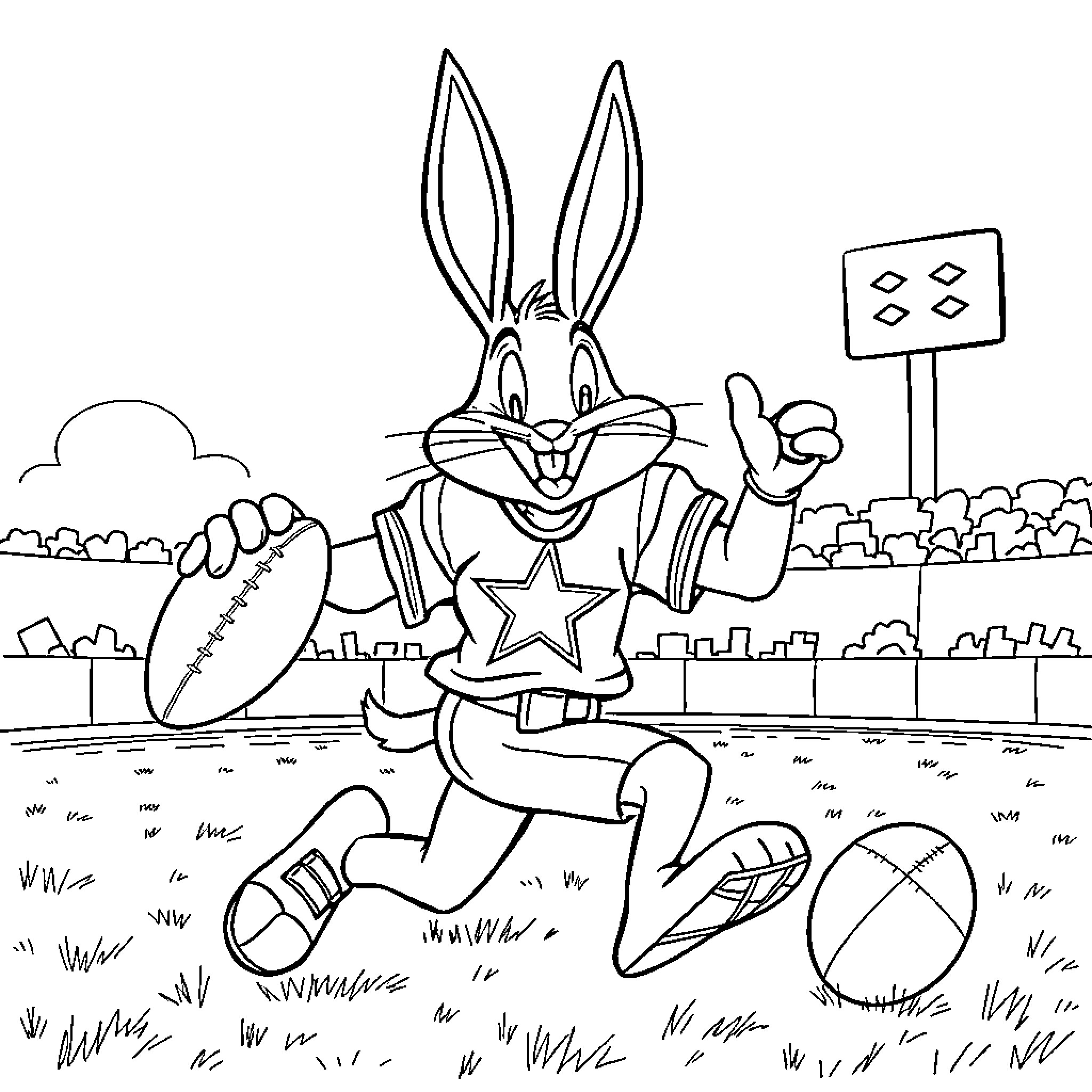 Bugs Bunny playing football in the field Coloring Page (free black-and-white line drawing printable PDF for all, from beginners to advanced learners, including children, teens, adults, and seniors)