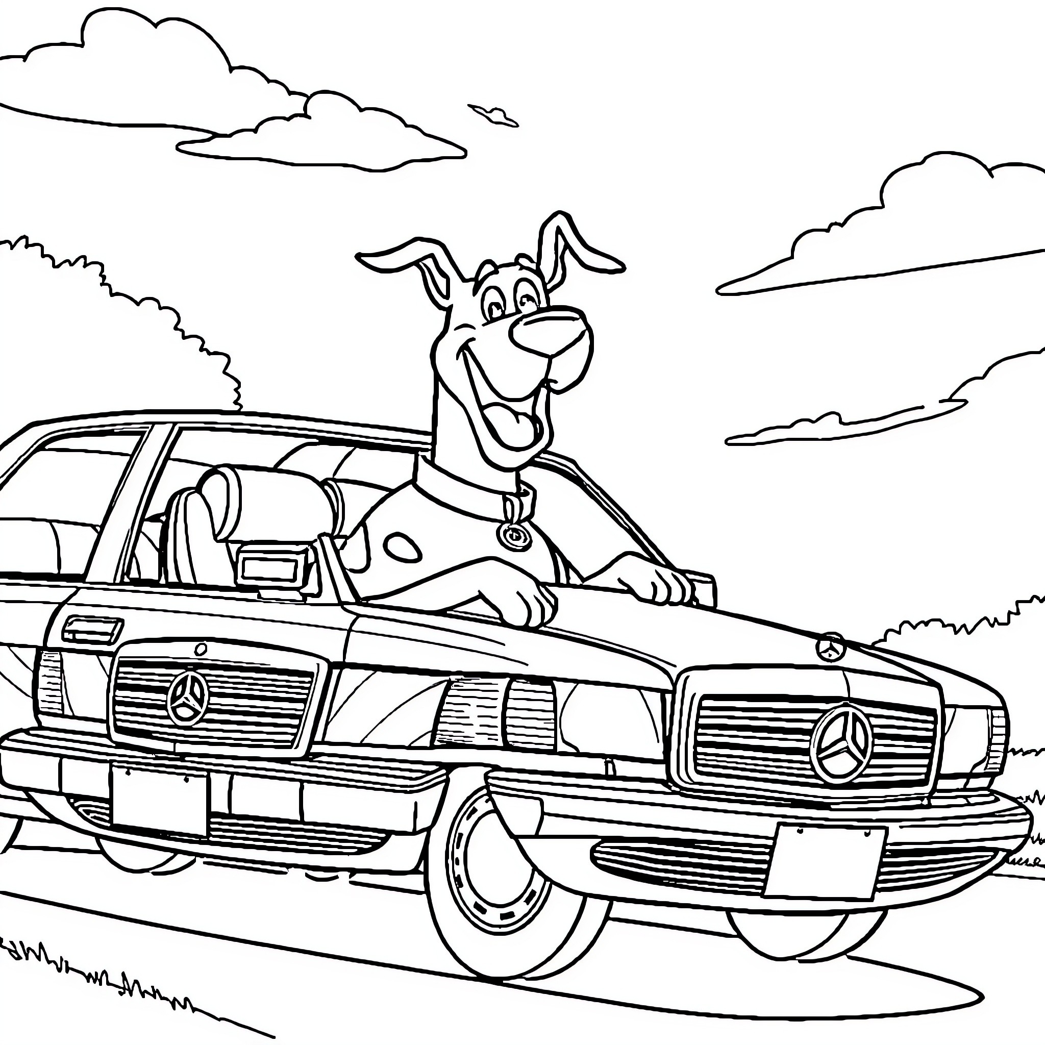 Scooby Doo riding in a stylish vehicle Coloring Page (free black-and-white line drawing printable PDF for all, from beginners to advanced learners, including children, teens, adults, and seniors)